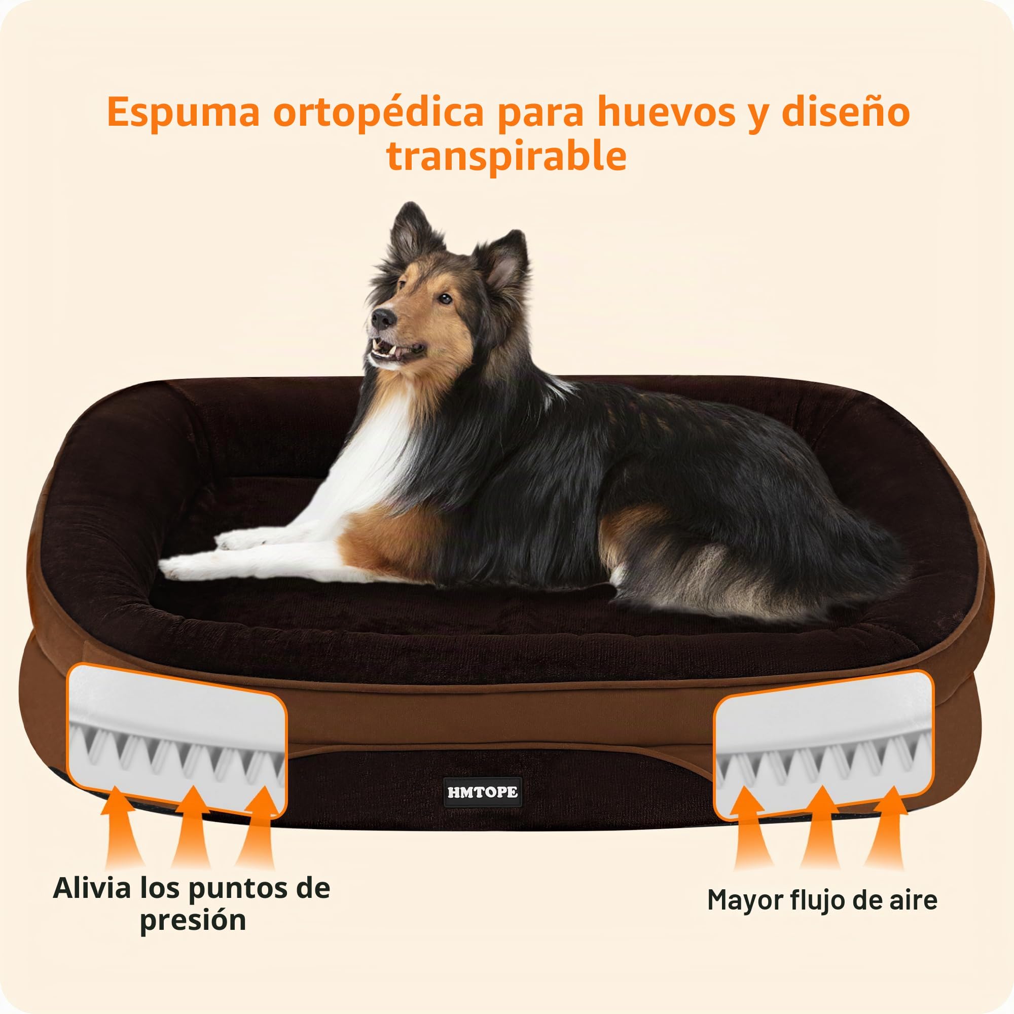 HMTOPE Cama ortopédica para perros, sofá para perros, cojín cervical de cuatro lados, base antideslizante, cesta para perros, extraíble y lavable, perros medianos y grandes, 106 x 79 x 17 cm, marrón