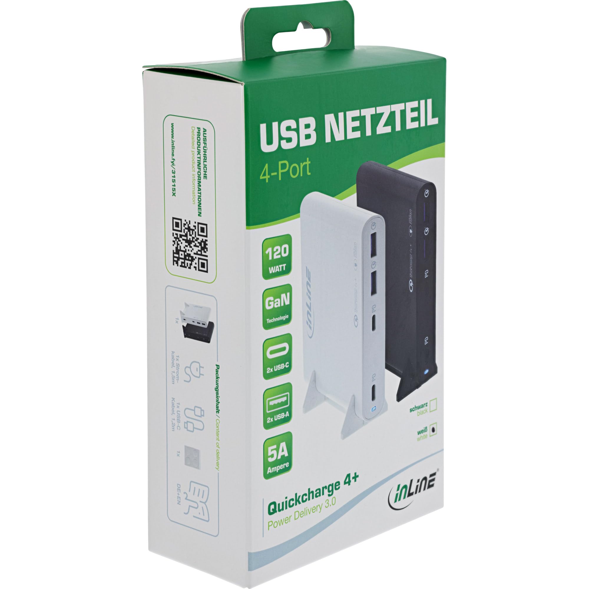 InLine USB Netzteil, GaN Ladegerät, 4-Port, 2X USB-C + 2X USB-A, 120W, Power Delivery & QuickCharge, kompakt, schwarz, 31515B
