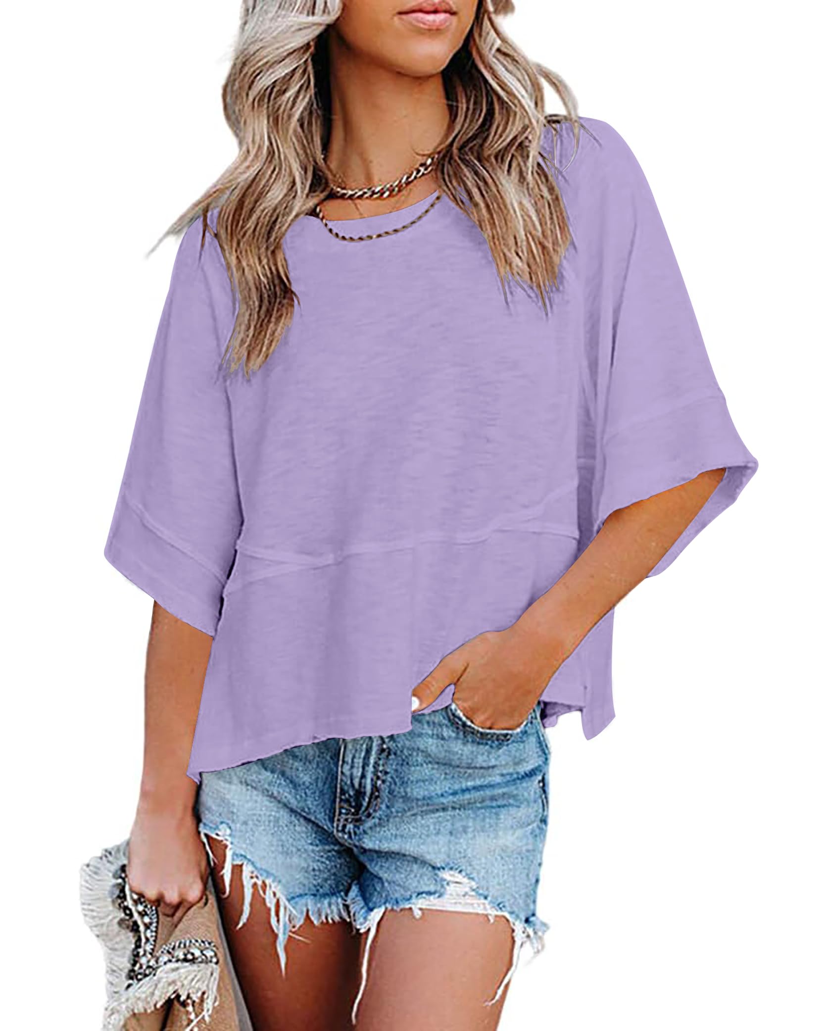 DUOEASE Tshirt Damen Rundhals Kurze Oberteile Damen Casual Locker T Shirt Basic Einfarbig Sommer Top