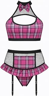 لانجري جريء كود 761 تنكري بنمط طالبات المدارس وطبعة نقشة مربعات وردي وقماش شبكي أسود وقصة مثيرة بتفاصيل فريدة من الأمام والخلف