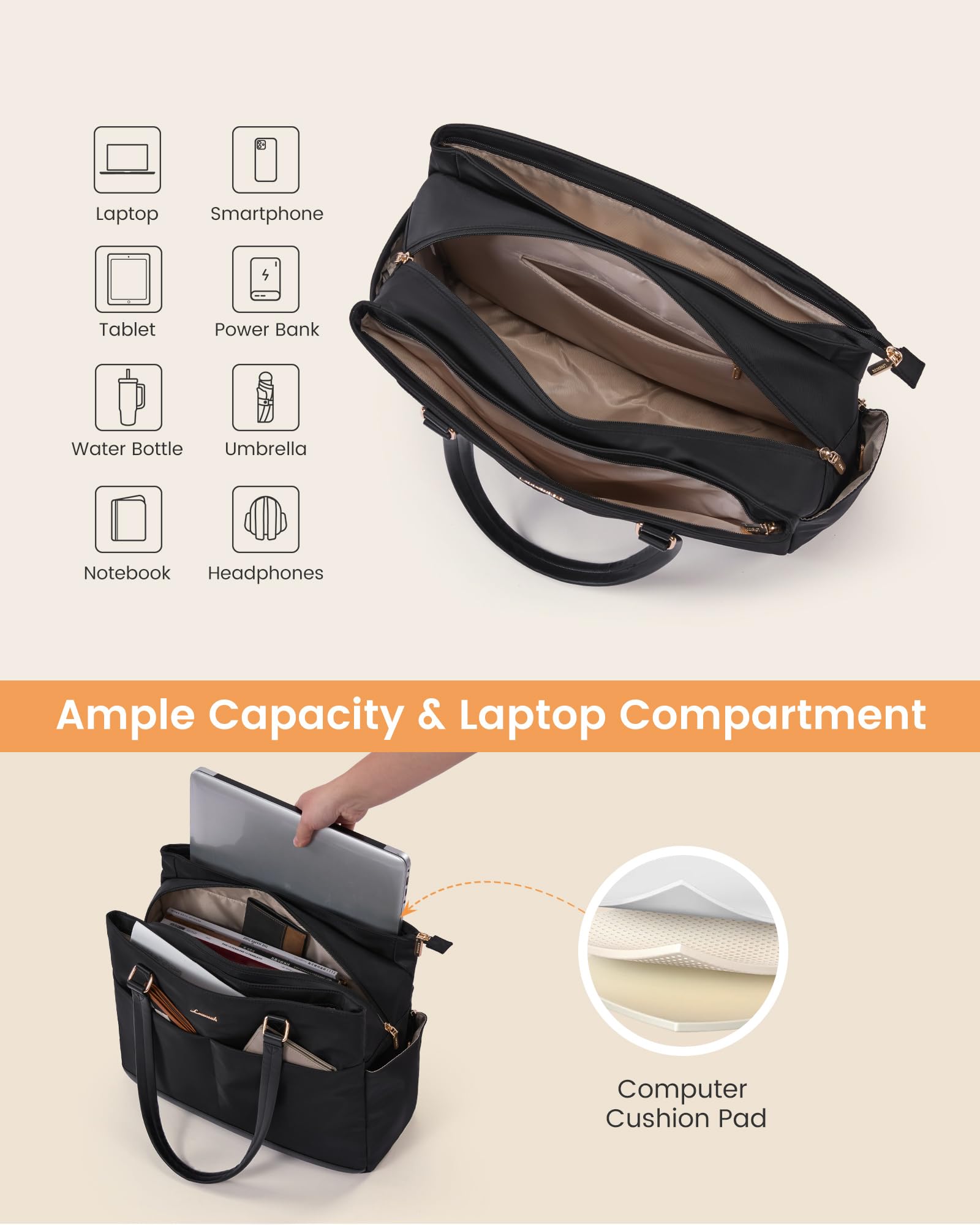 LOVEVOOK Borsa per computer portatile da donna, con scomparti multipli