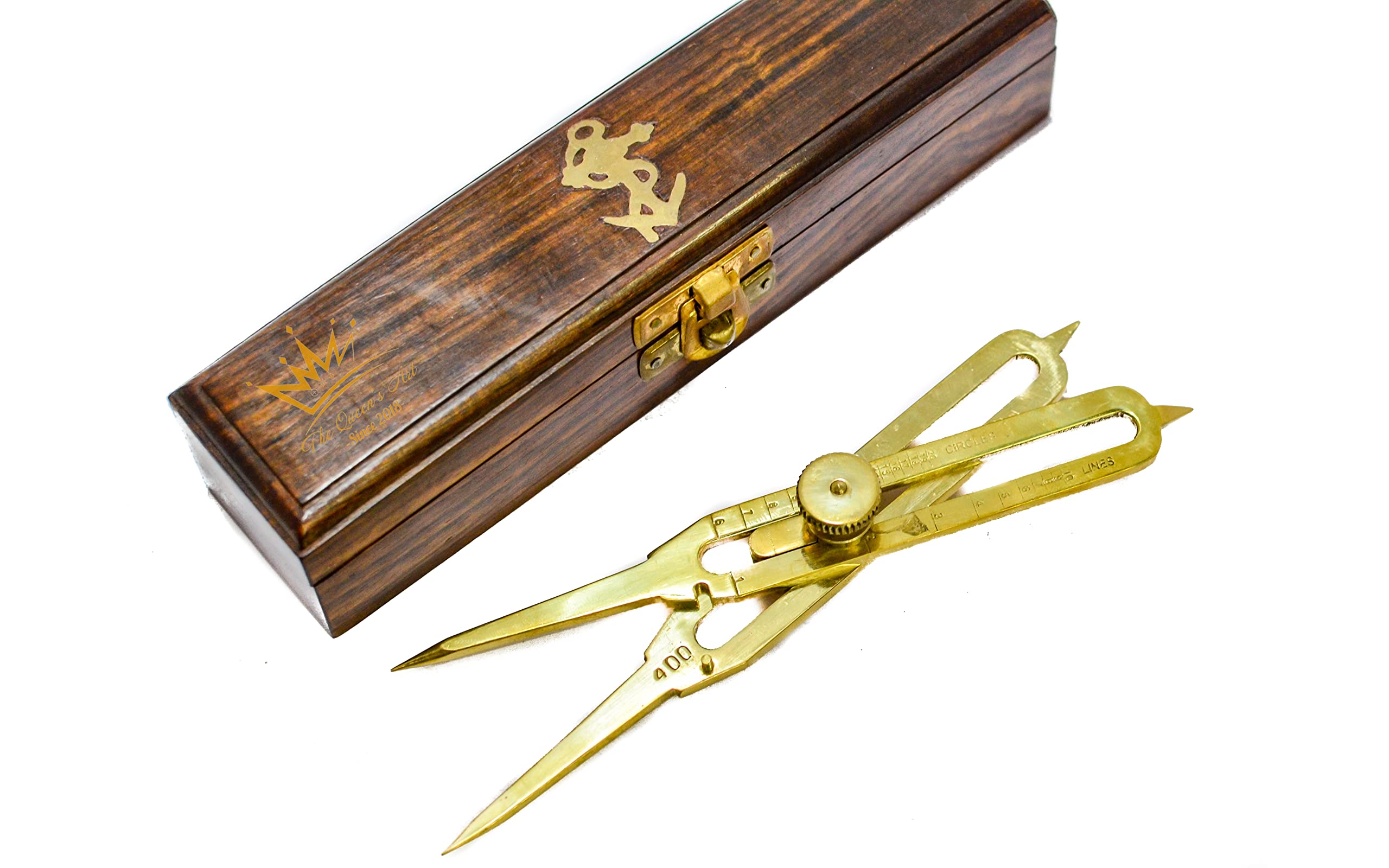 The Queen's Art Brass 6" Proportional Divider Geometry Tool With Wooden Box Leather Case Personalised Engraving Available