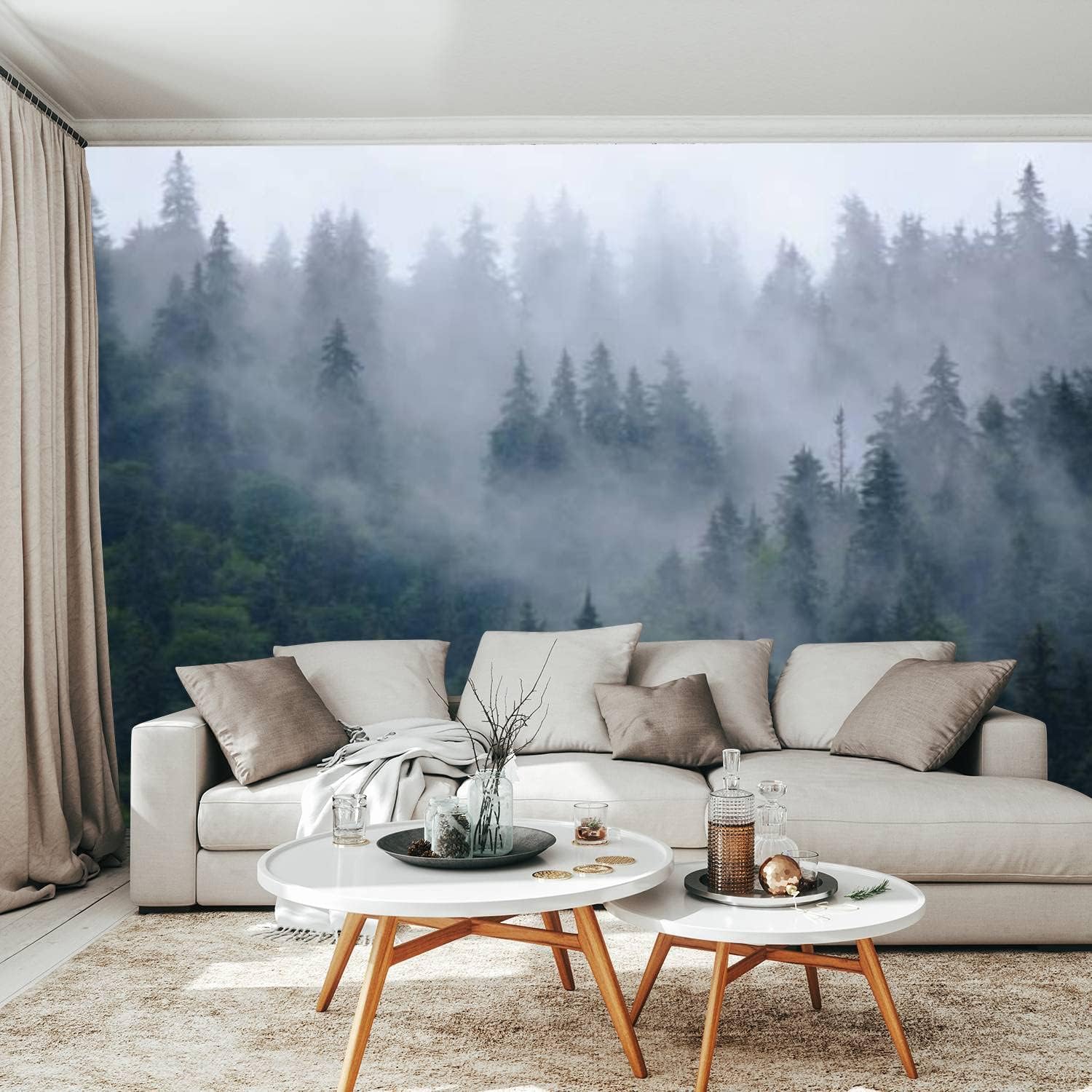 Modern 3D Removable Wallpaper Self-Adhesive Misty Mountain Landscape Wall Murals Peel and Stick Wall Stickers for Living Room Bedroom Wall Decor