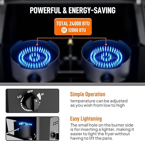 Miniatura 2 de Bonnlo Freidora para exteriores con tanque y canasta doble de 8 cuartos de galón, freidora de propano de 24,000 BTU con estante lateral y