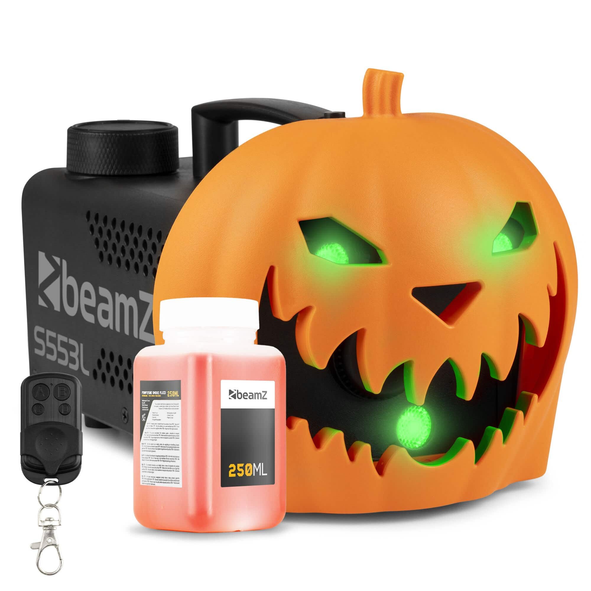 Beamz Rgb + 0.25L S553l Halloween Pumpkin Fog Machine With 250Ml Fluid, 3X Rgb Leds, Creepy Sound Effect, Remote Control, Fast 30S Reheat - Perfect Pumpkin Fogger For Spooky Halloween Atmosphere
