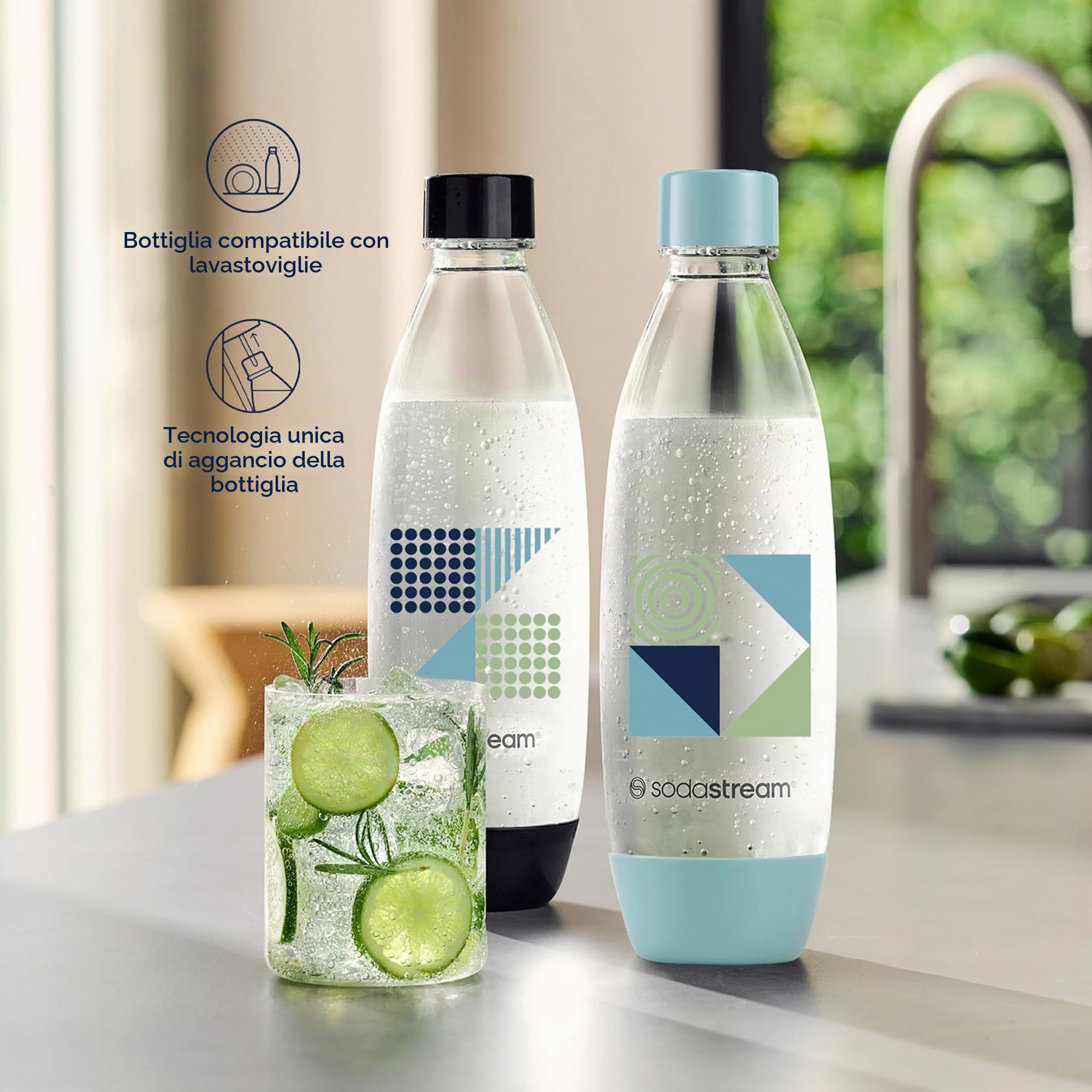 sodastream Set di 2 bottiglie da 1 l per acqua frizzante e soda | tecnologia snap & lock a clip | compatibile con lavastoviglie | senza BPA | Dettagli blu scuro e ciano