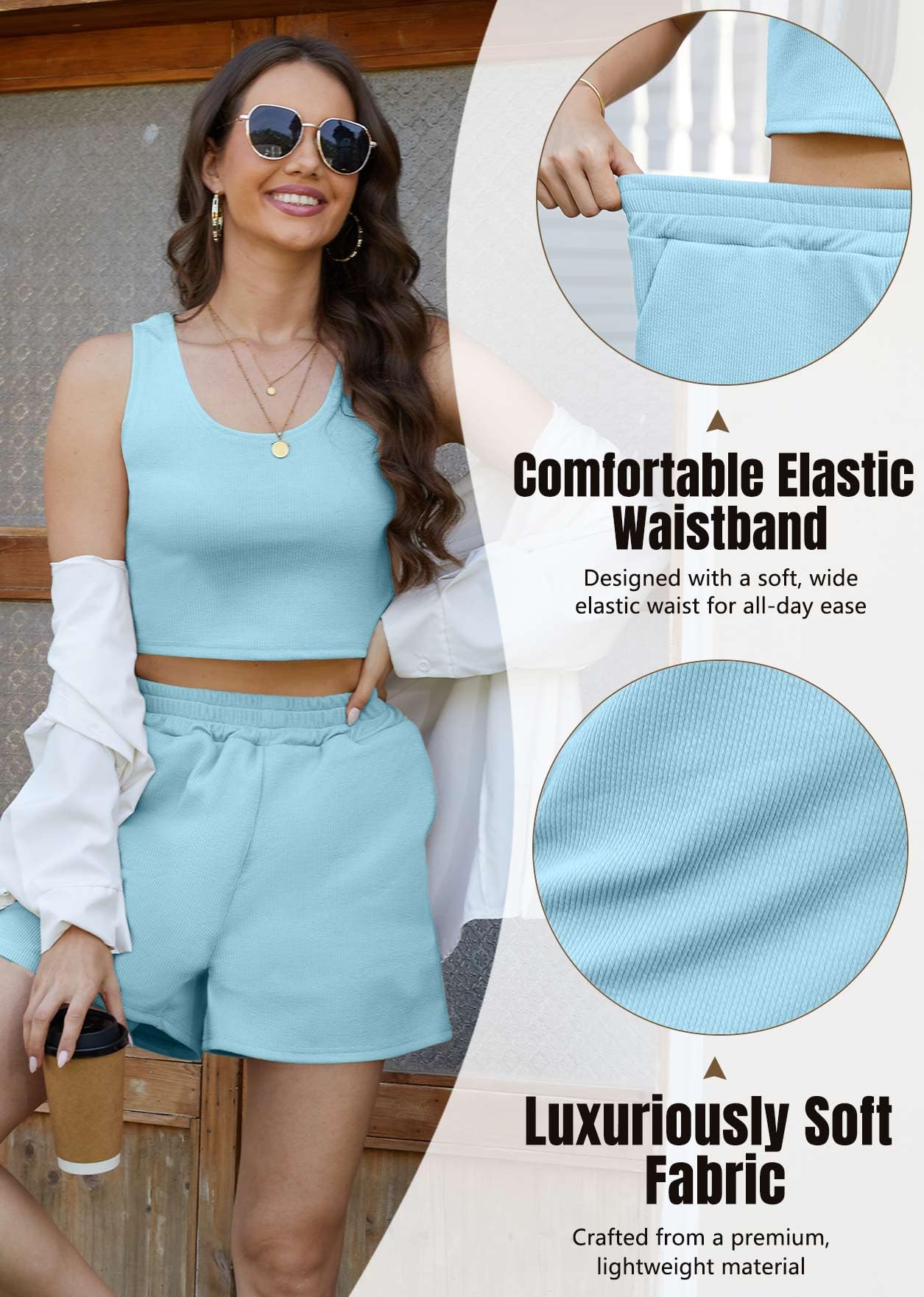 CheChury Ensemble 2 Pièces Femme Été Débardeur Sans Manches Crop Top et Short avec Poches 2 Pièces Chic et Elegant été Décontracté Ensemble Débardeur Tenue Loungewear