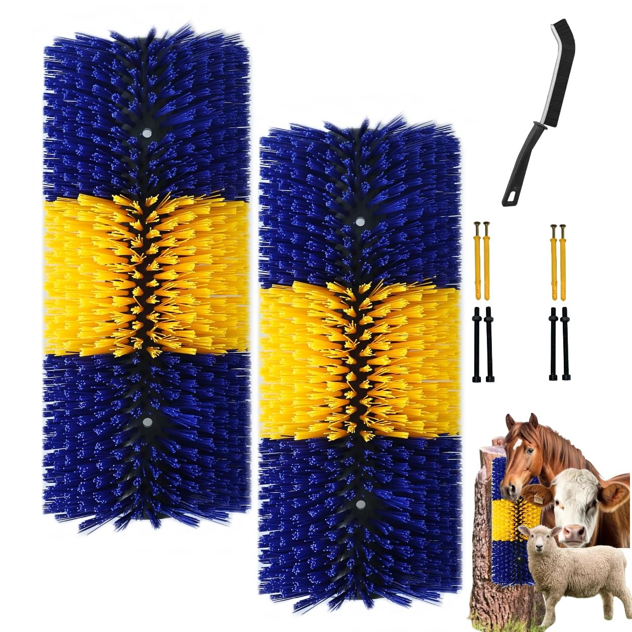 2 cepillos rascadores de ganado, poste rascador con cepillo de limpieza, cepillos de aseo y masaje para cabra, caballo, vaca, cepillos para rascar la espalda de los animales (azul 2, paquete de 2)
