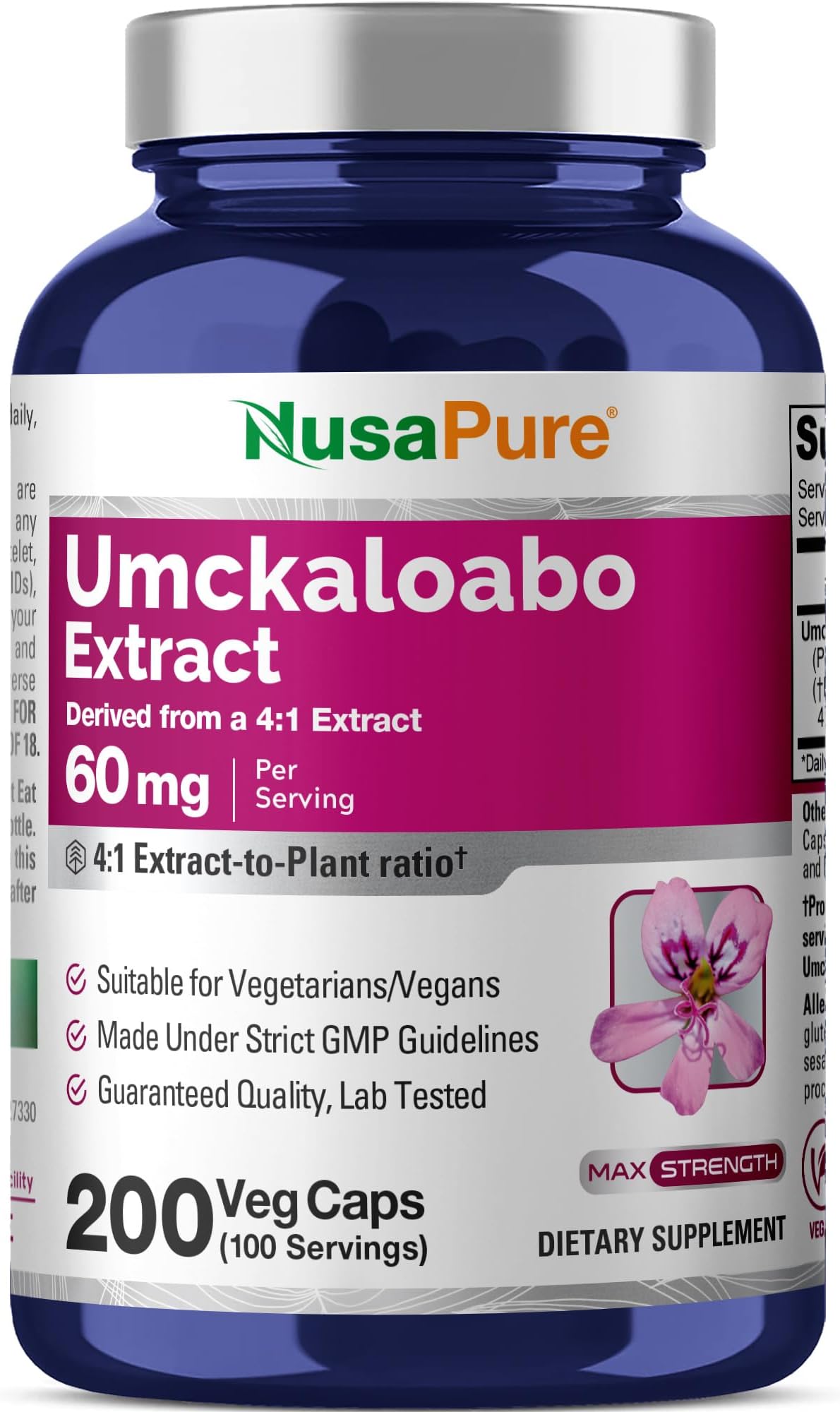 NusaPure Umckaloabo Capsules, 60 mg, 200 Veg Capsules (Non-GMO, Vegan)