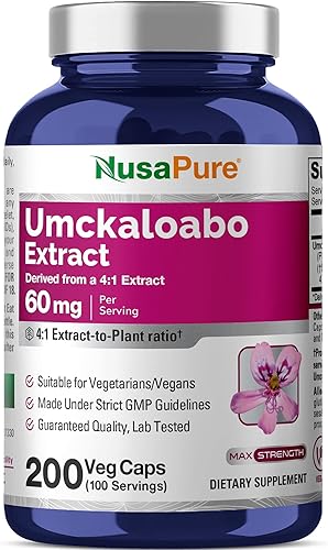 NusaPure Cápsulas Umckaloabo, 60 mg, 200 cápsulas vegetales (sin OMG, veganas)