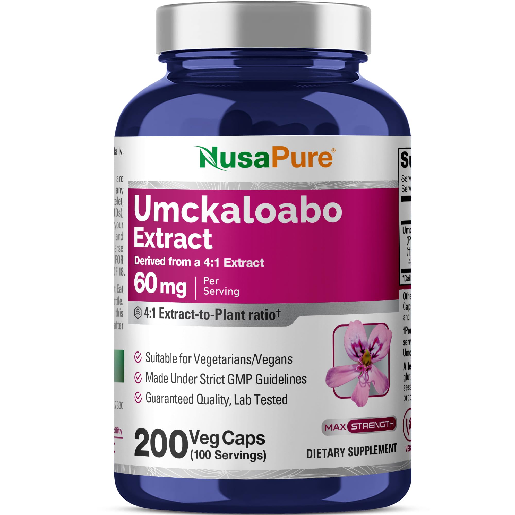 NusaPure Umckaloabo, Vegan, 60mg, 200 Veggie Capsules - 100 Servings