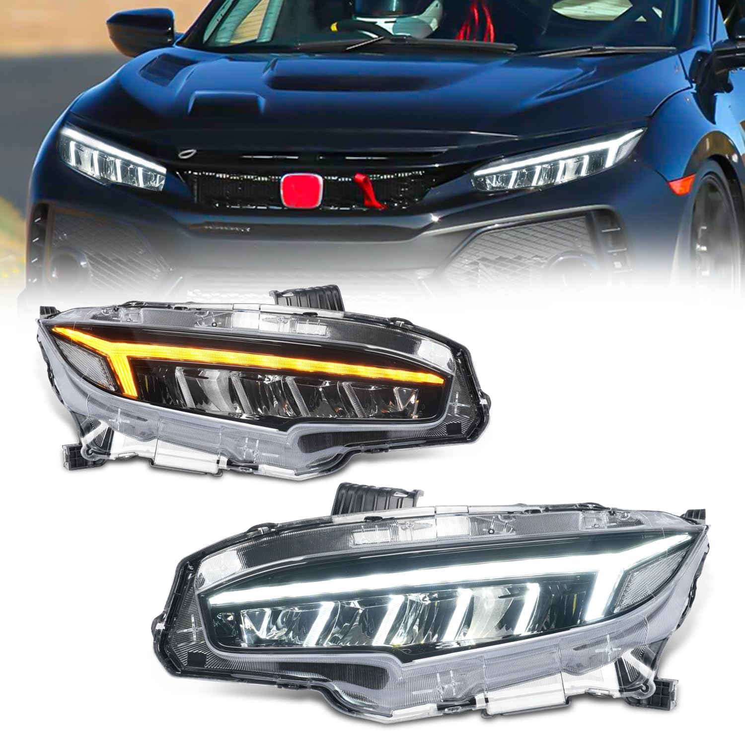Headlights Assembly Compatible for 10th Gen Honda Civic 2016-2021,Projector Headlight w Sequential Turn Signal for Civic Sedan/Coupe/Hatchback,for EX/LX/Sport/Touring/Si/Type R, Pair