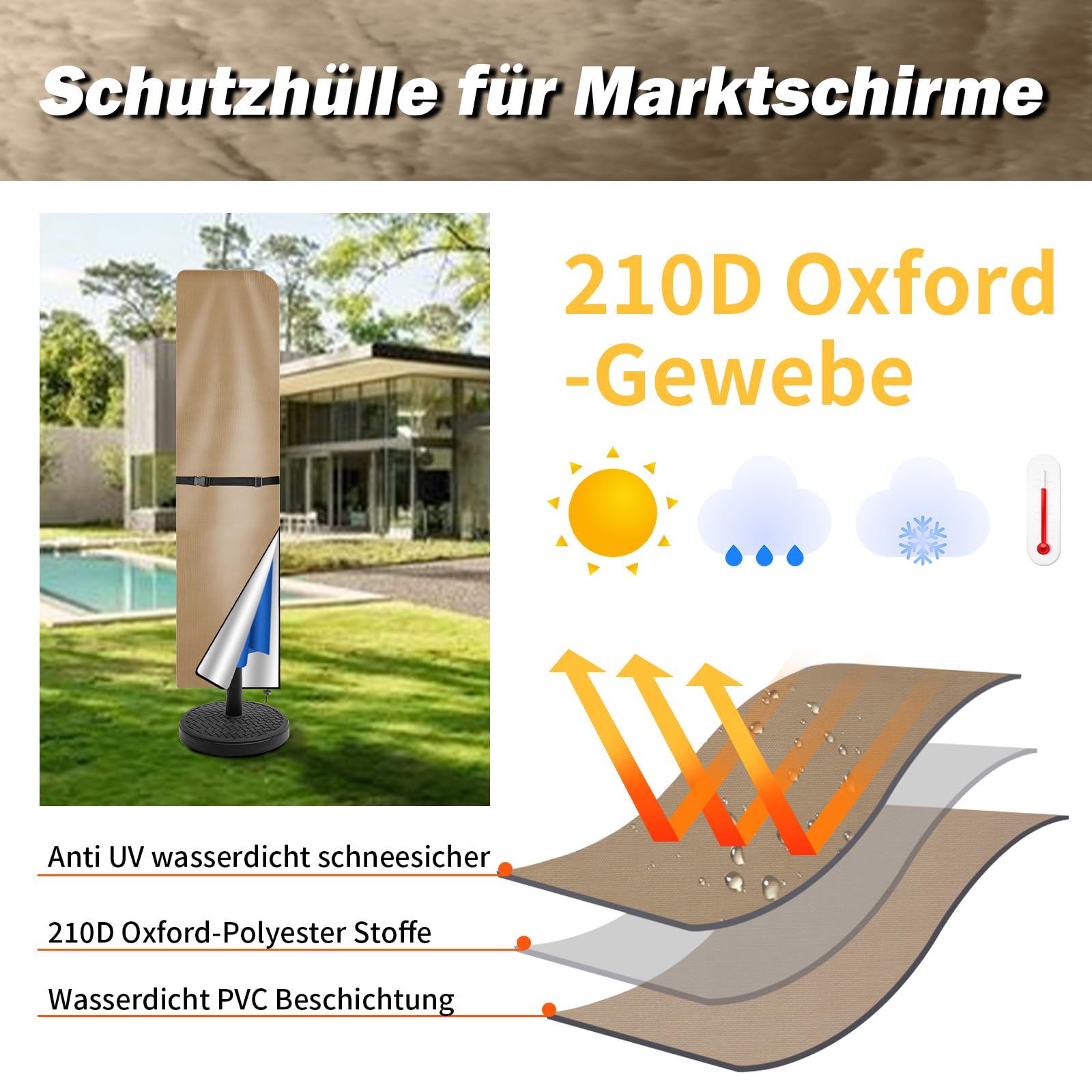 Funda protectora para sombrilla, impermeable, resistente a los rayos UV, resistente al viento, para exteriores y sombrillas de mercado, (240 x 57/57 cm, caqui)