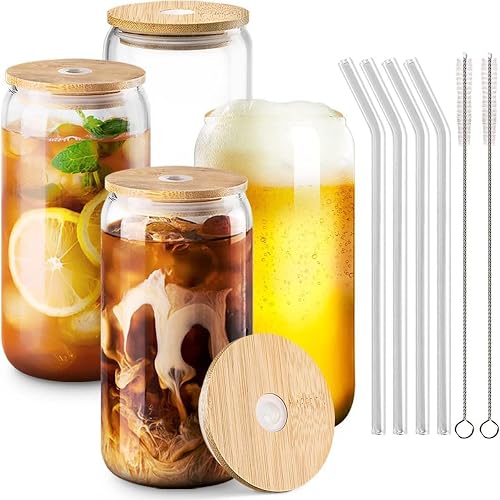Set of 4, Glass Cups with Bamboo Lids and Straws, Can Shaped Drinking Glasses Clear Iced Coffee Tumblers with Straw Cleaner for Beer, Cocktail, Boba Tea, and Smoothies
