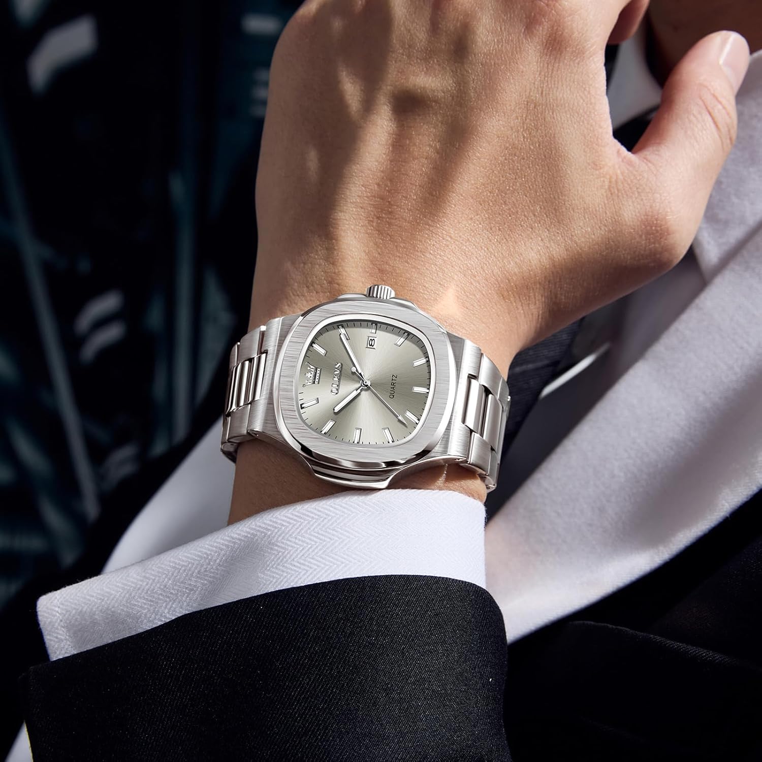 OLEVS Men's Large Face Stainless Steel Watch, Classic Rose Gold Silver Tone Octagonal Three-Hand Analog Quartz Mens Dress Watch, Luxury Easy to Read Calendar Date Waterproof Big Wrist Watches for Men - Image 3