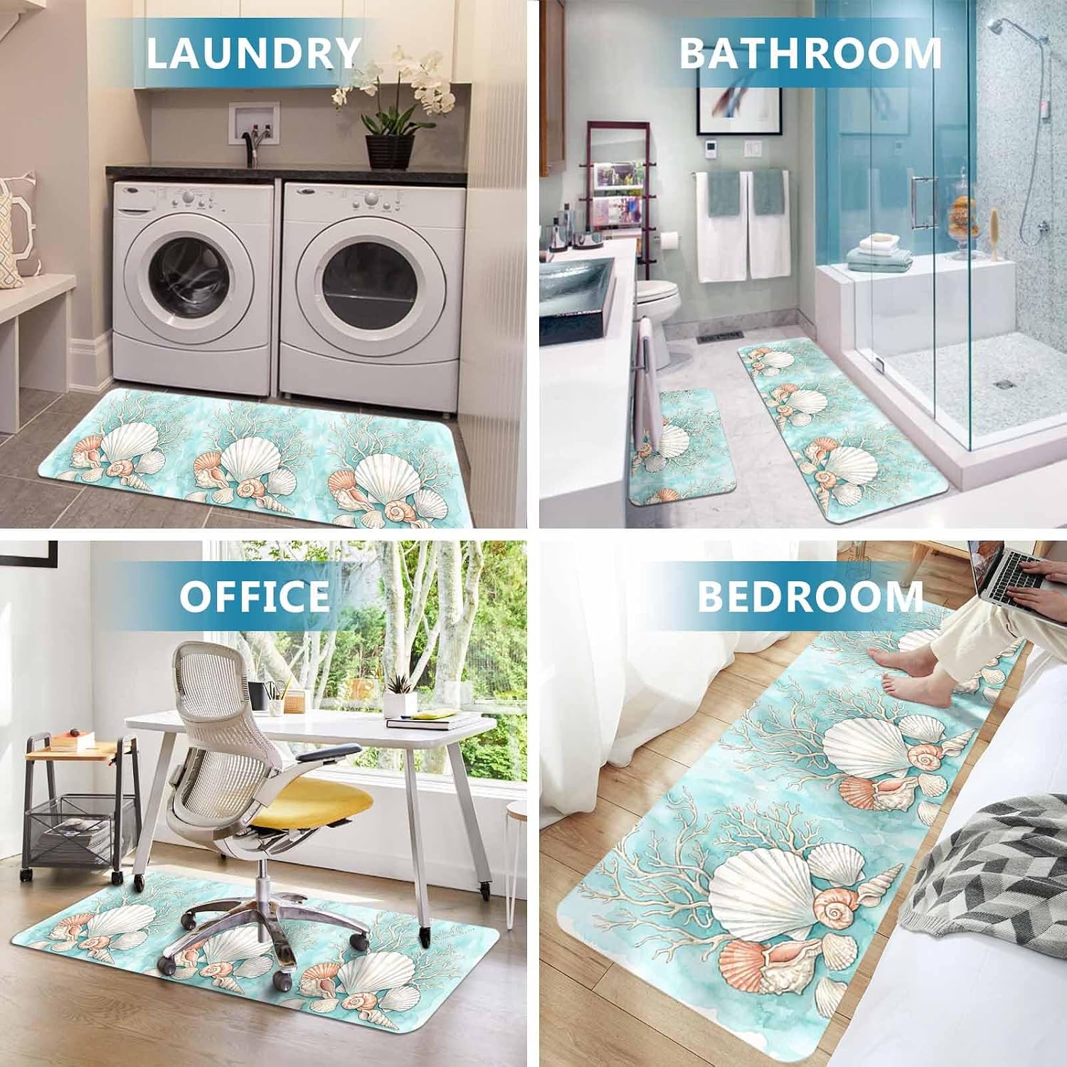 Prime Leader Marine Life Kitchen Mat Set 2 Pieces Watercolor Coastal Seashell Coral Blue Green Non Slip Kitchen Rugs Washable Runner Rug Mats for Sink Laundry (15.7" x 23.6"+15.7" x 47.2")
