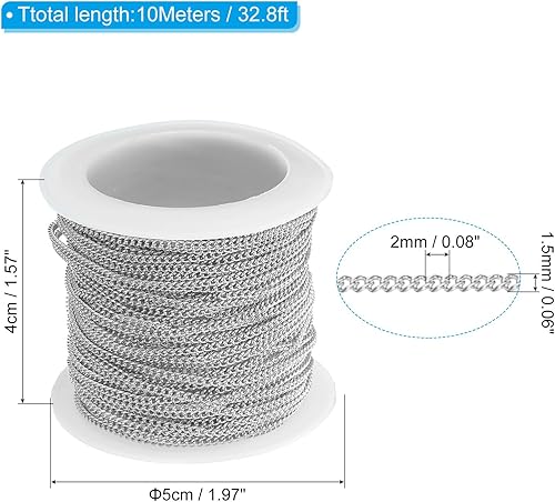 Miniatura 2 de PATIKIL Cadena de cable de 33 pies con carrete, cadena de eslabones redondos trenzados para hacer joyas, accesorios de collares, pulseras, plata