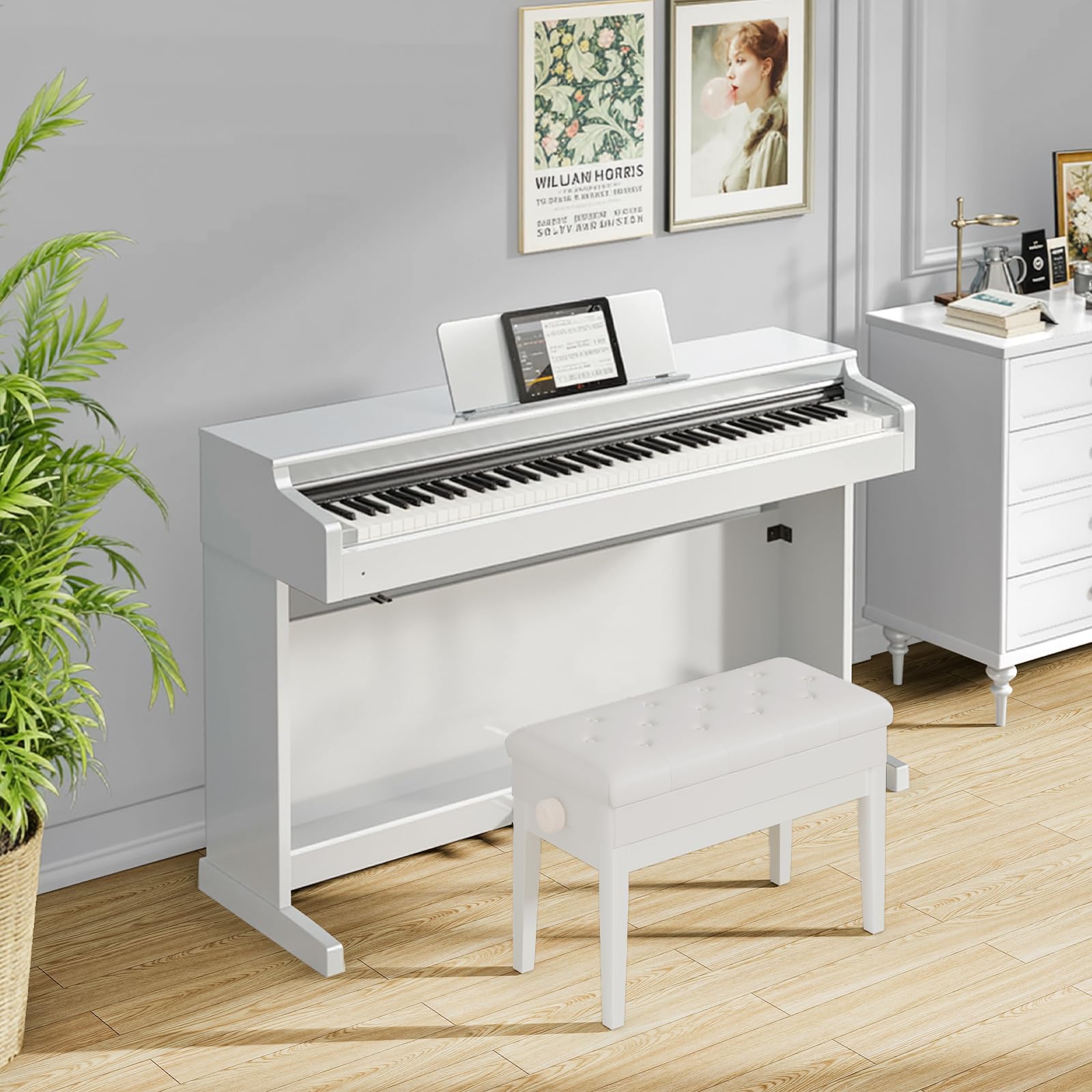 Clevich Sgabello per pianoforte, regolabile in altezza, 48 – 58 cm, con vano portaoggetti, panca per pianoforte con cuscino in pelle PU, sedia per pianoforte, resistente, portata fino a 200 kg, Bianco