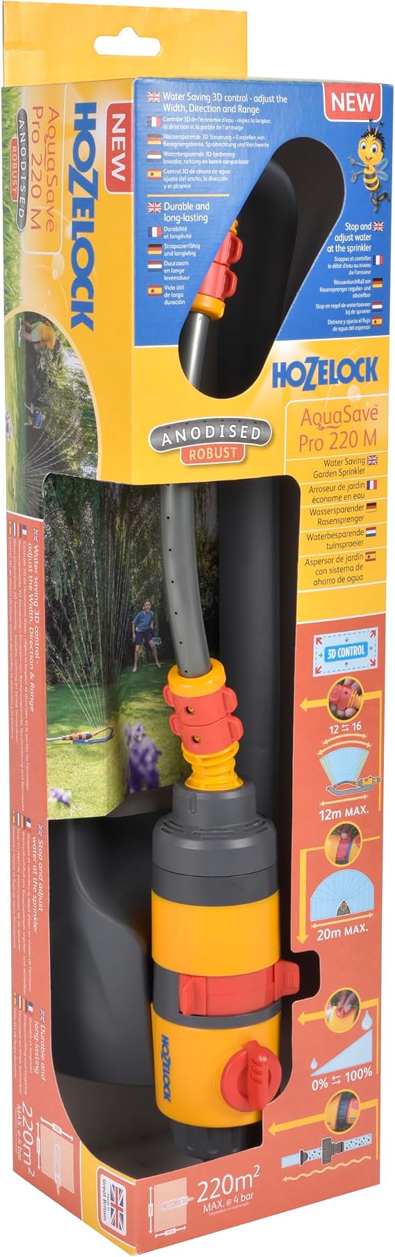 Hozelock | Rectangular Sprinkler AquaSave Pro 220 M | Oscillating Lawn Sprinkler | Adjustable Coverage | Customise Water Flow | Uniform Watering, Yellow & Grey