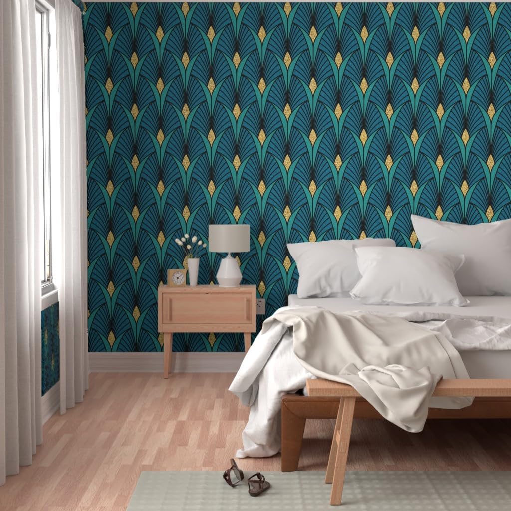 Spoonflower Peel & Stick Wallpaper Swatch - Art Deco Peacock Emerald Gold Blue Teal Retro Elegant Custom Removable Wallpaper