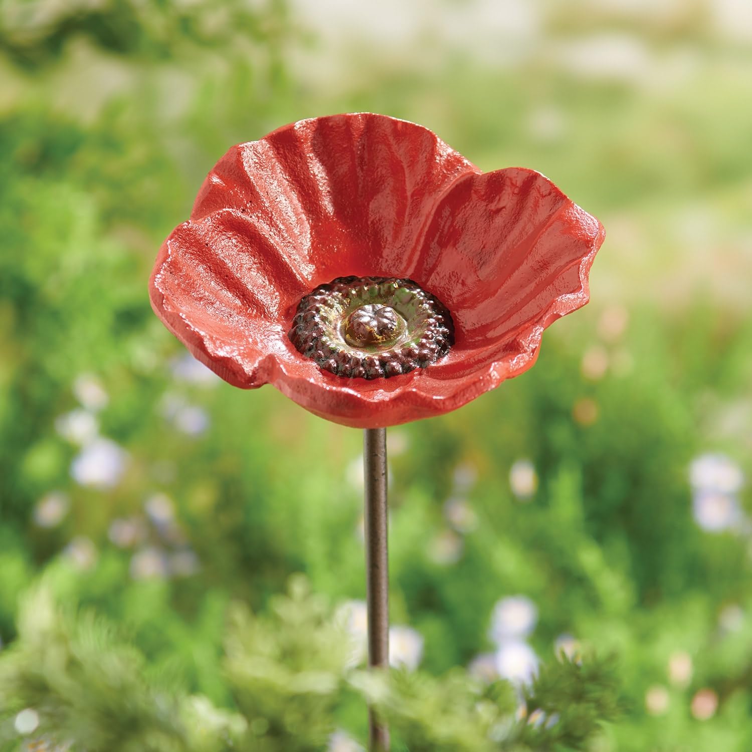 ART & ARTIFACT Flower Bird Feeder Stake - Cast Iron Birdseed Holder, Mini Bird Bath Stake, Flower Art Garden Stake Bird Waterer, Wild Bird Feeders - Poppy