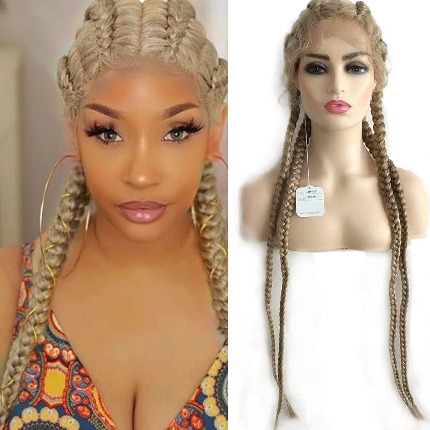 Blonde Double Braided Wigs With Baby Hair Heat Resistant Synthetic Lace Front Wigs For Women Female Dark Roots Ombre Blonde Natural 2x Twist Braids Long Hair Glueless Synthetic Wig