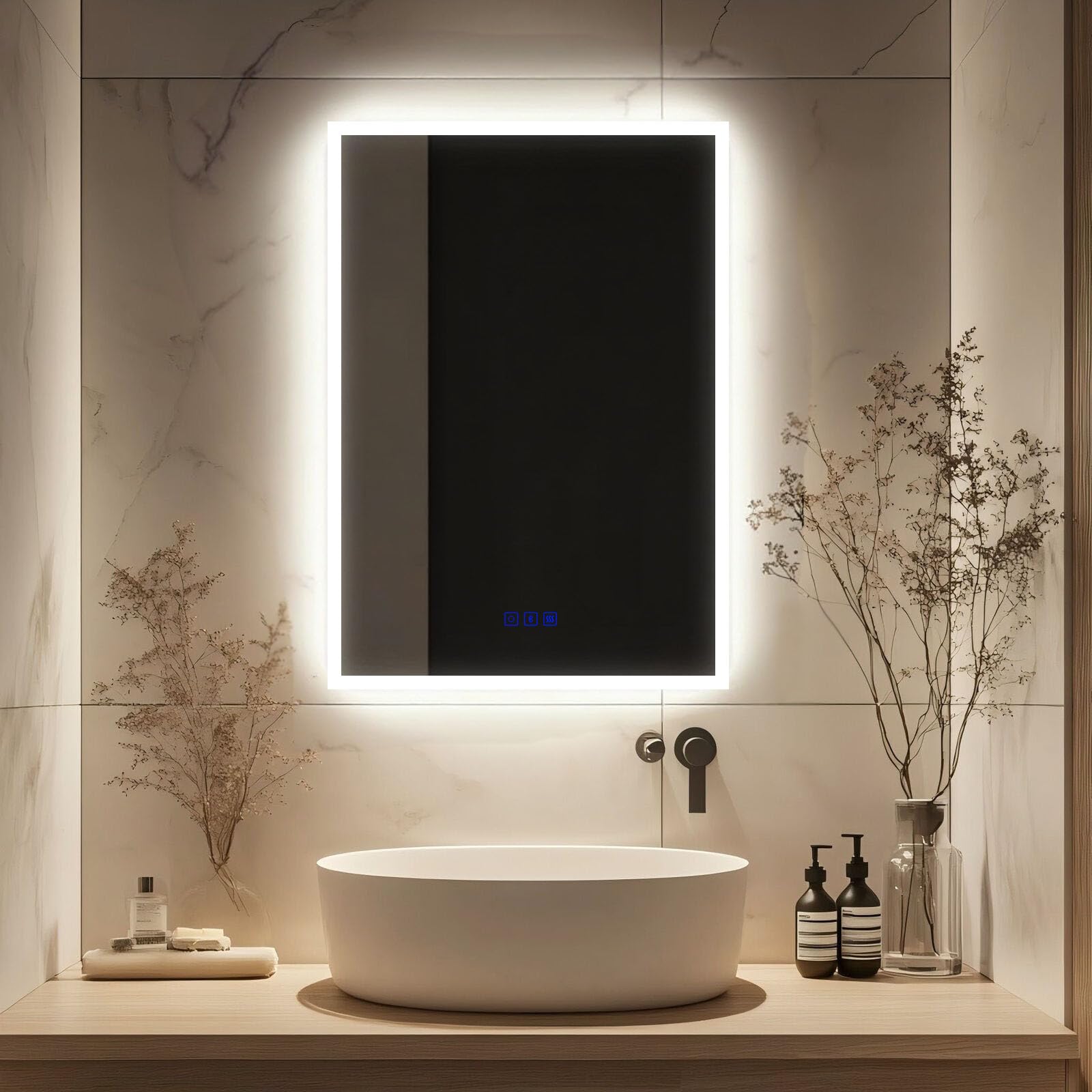 Kasloglow Bluetooth Bathroom LED Mirror 500 x 700 mm 3 Colour Dimmable Lights Demister Touch Switch Illuminated Wall Mounted Vanity Mirror（19.69x27.56 Inch）