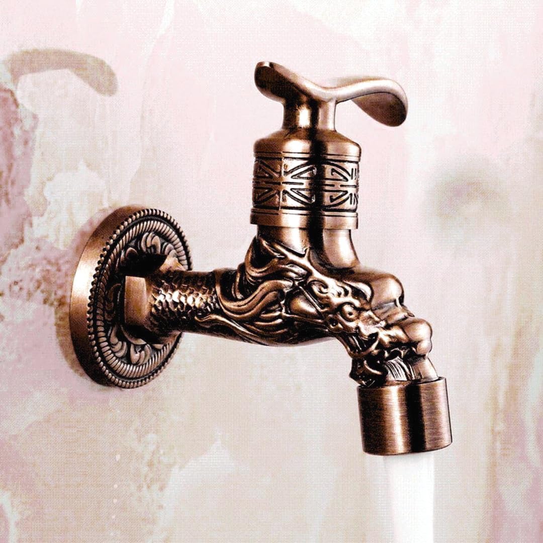 24x7 eMall Bib Cock Antique Design 4 inch wash Basin Faucet Bathroom Single Cold tap Carved Pattern Vintage Finish Wall Mount with Flange Garden Kitchen Outdoor