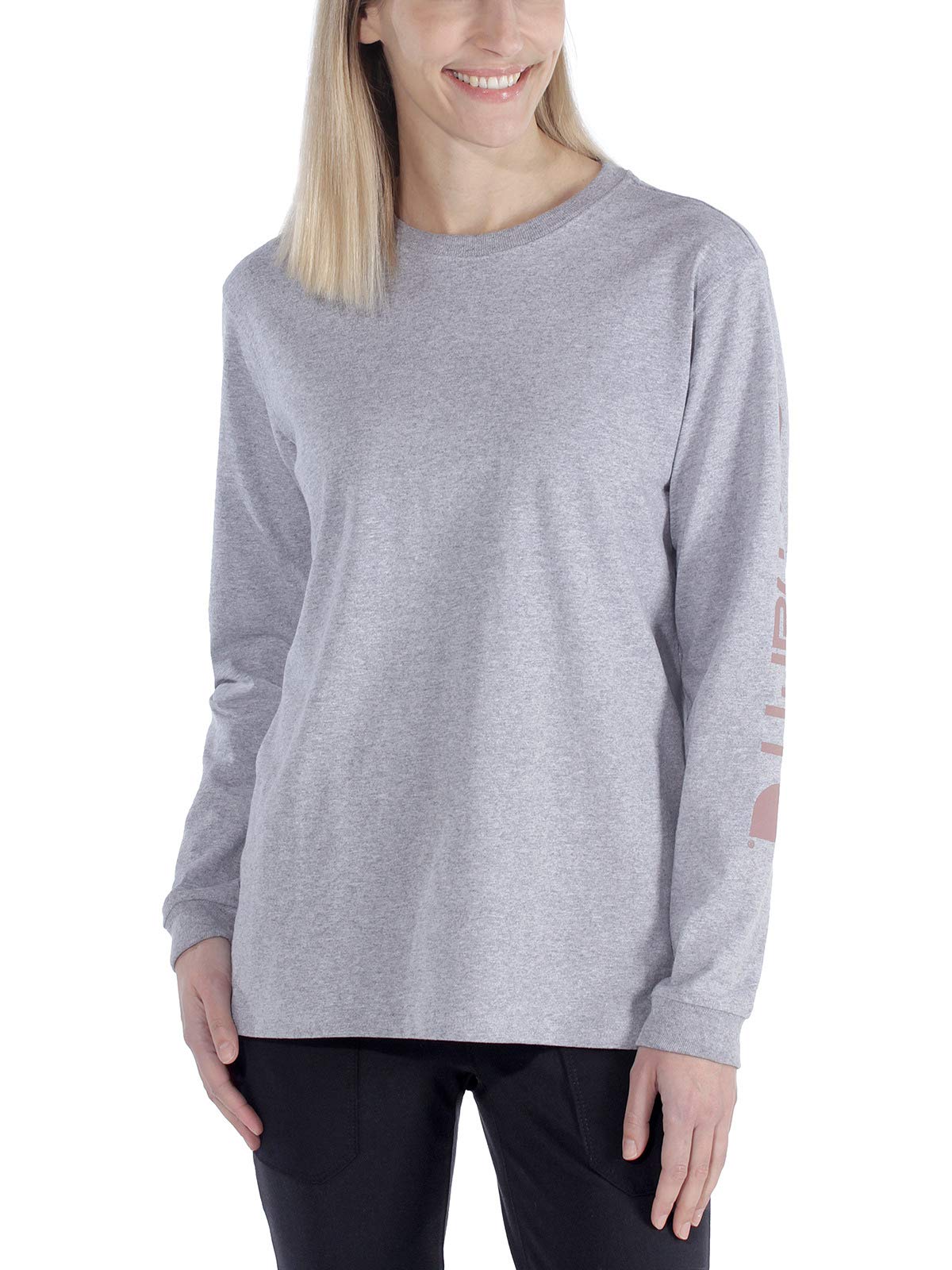 Carhartt, Women's, Loose Fit Heavyweight Long-Sleeve Logo Sleeve Graphic T-Shirt, Heather Grey, XL