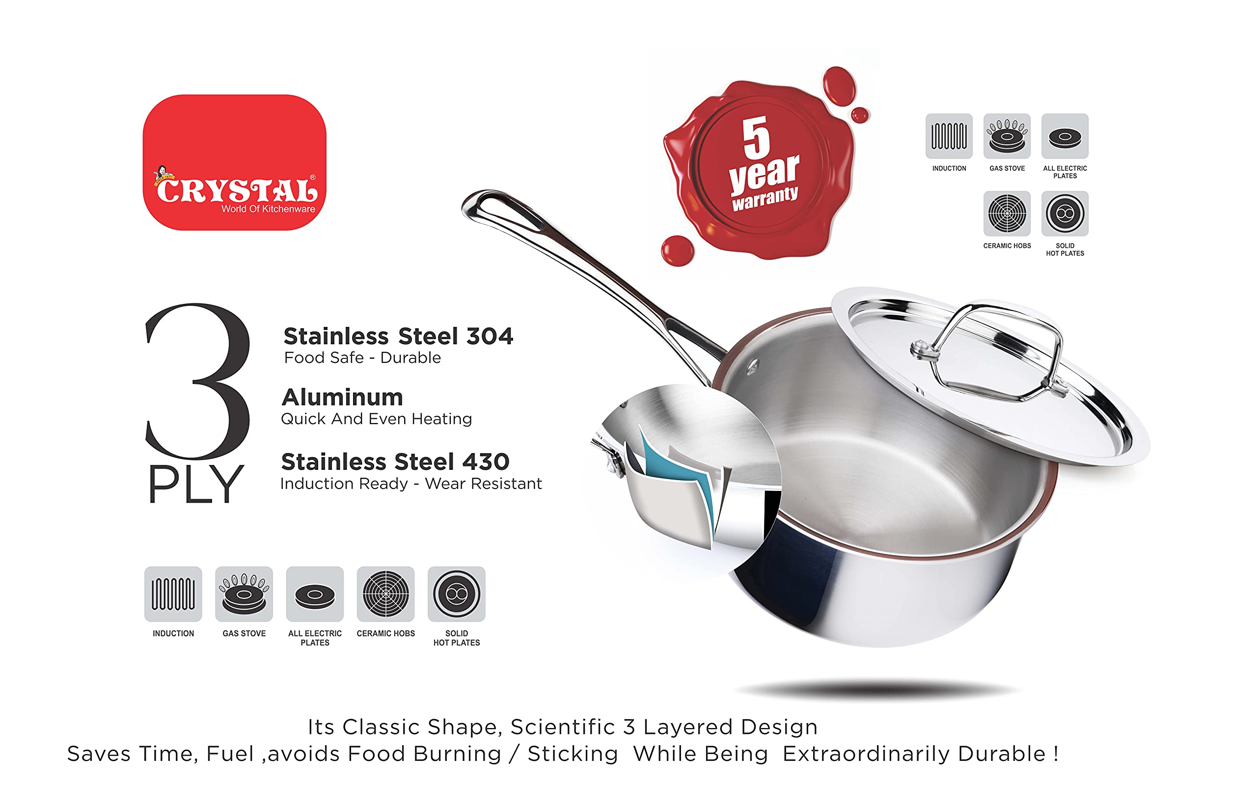 Crystal TriPro -Triply Stainless Steel Saucepan with Lid - 14 cm (Induction Bottom) - Image 3 thumbnail