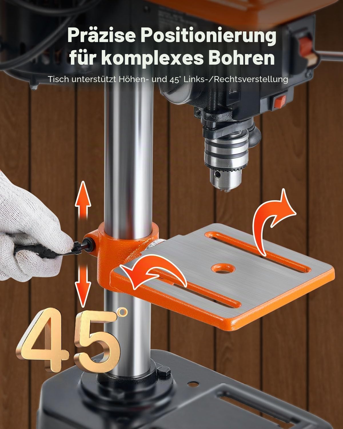 VEVOR 203mm Tischbohrmaschine, 500 W Induktionsmotor, Tischbohrmaschine mit 550/950/1450/1950/2500 U/min einstellbarer Geschwindigkeit, 0-45° neigbarer Arbeitstisch, LED-Arbeitsleuchte, für Holzmetall