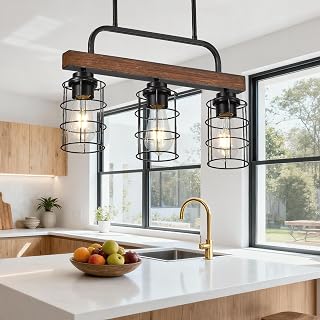 3-Light Farmhouse Walnut Chandelier for Dining Room, Black Kitchen Island Light with Rust-Proof Metal Frame & E26 Base, 49" Height Adjustable Pendant Light Fixture Over Table & Bar