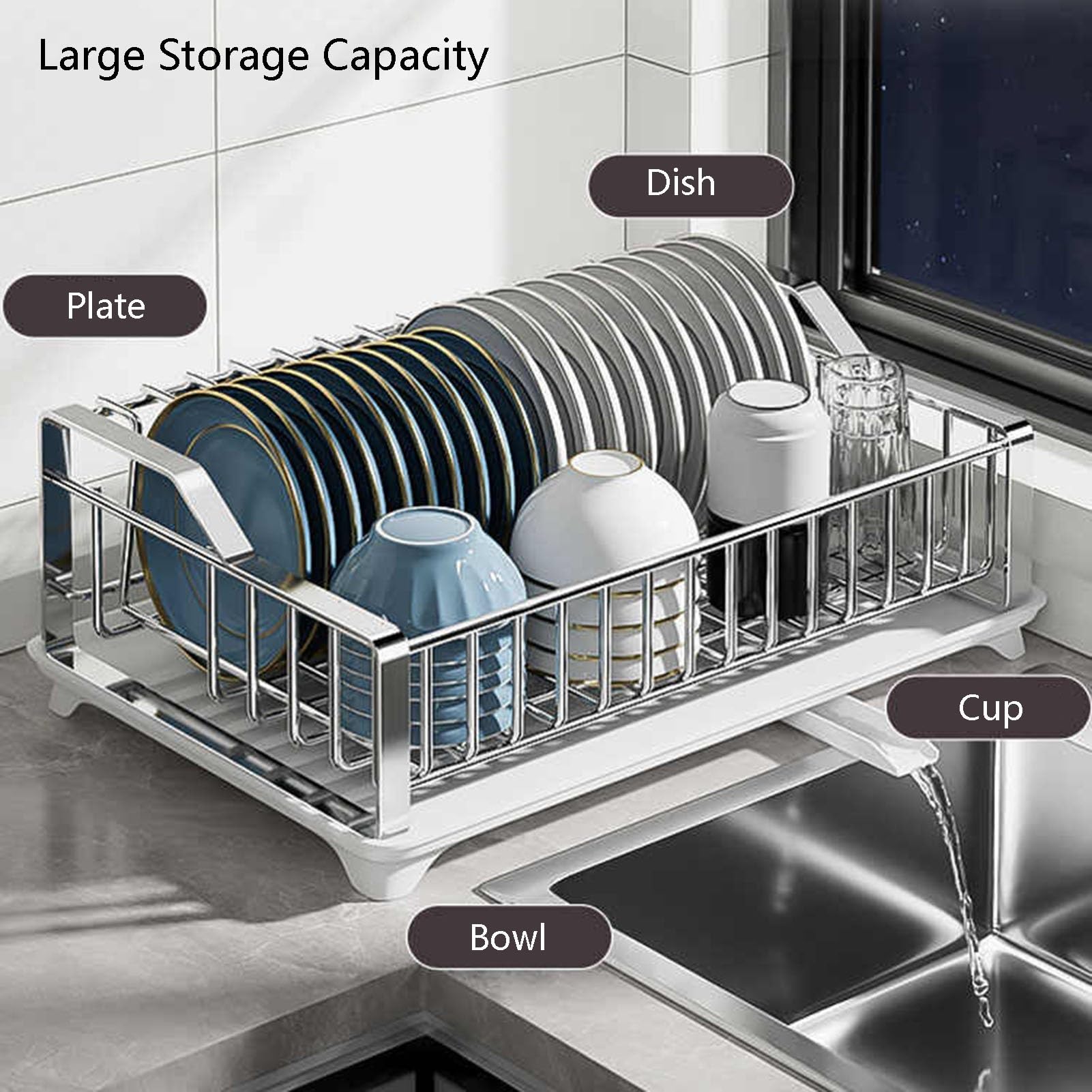 Égouttoir à vaisselle en acier inoxydable avec porte-ustensiles et planche de drainage automatique pour vaisselle, couteaux, cuillères et fourchettes
