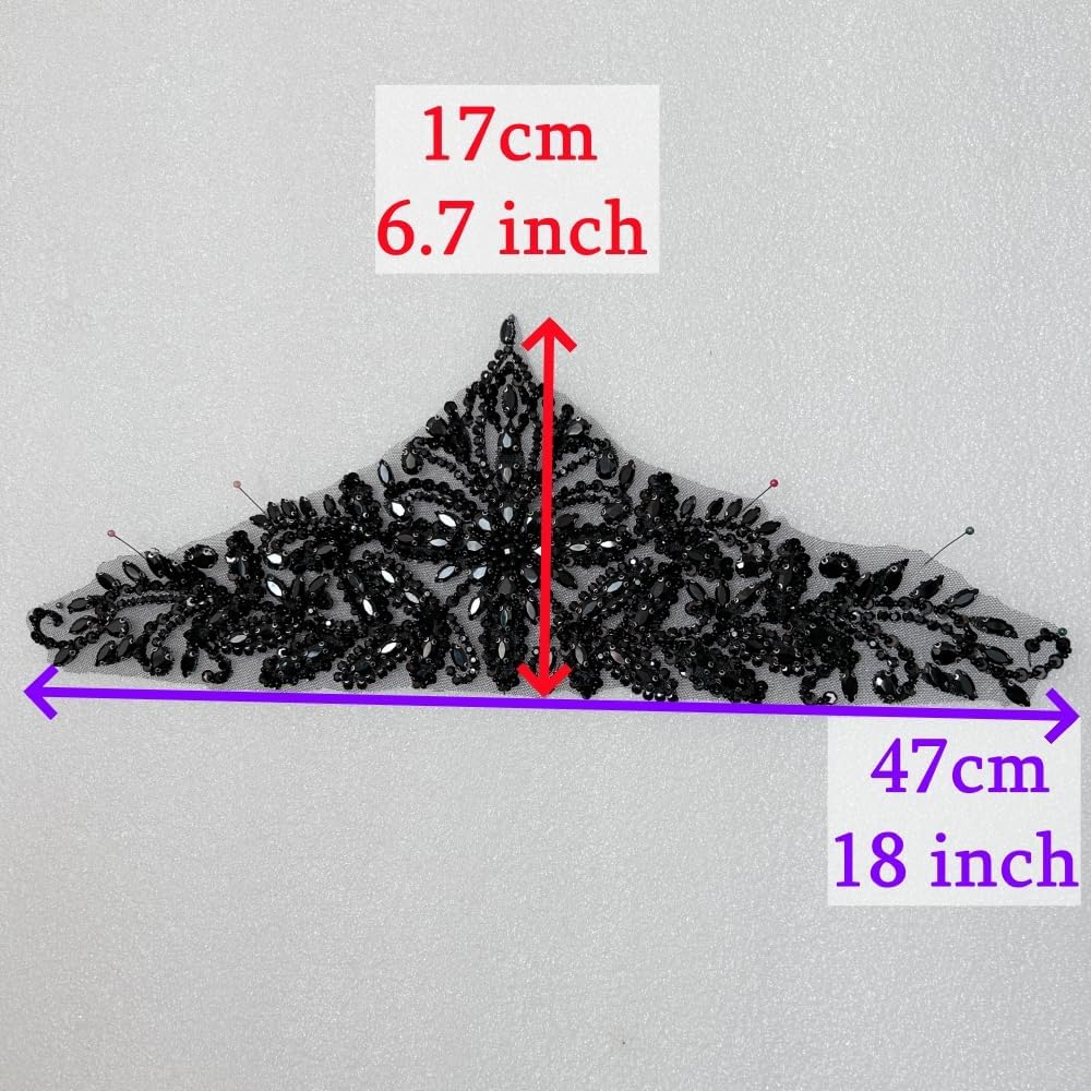 Handmade Rhinestones Lace Applique Trim Patches with Sewing Beads Sequins Glass Stones for Dress Clothing Belt Accessories (Black)
