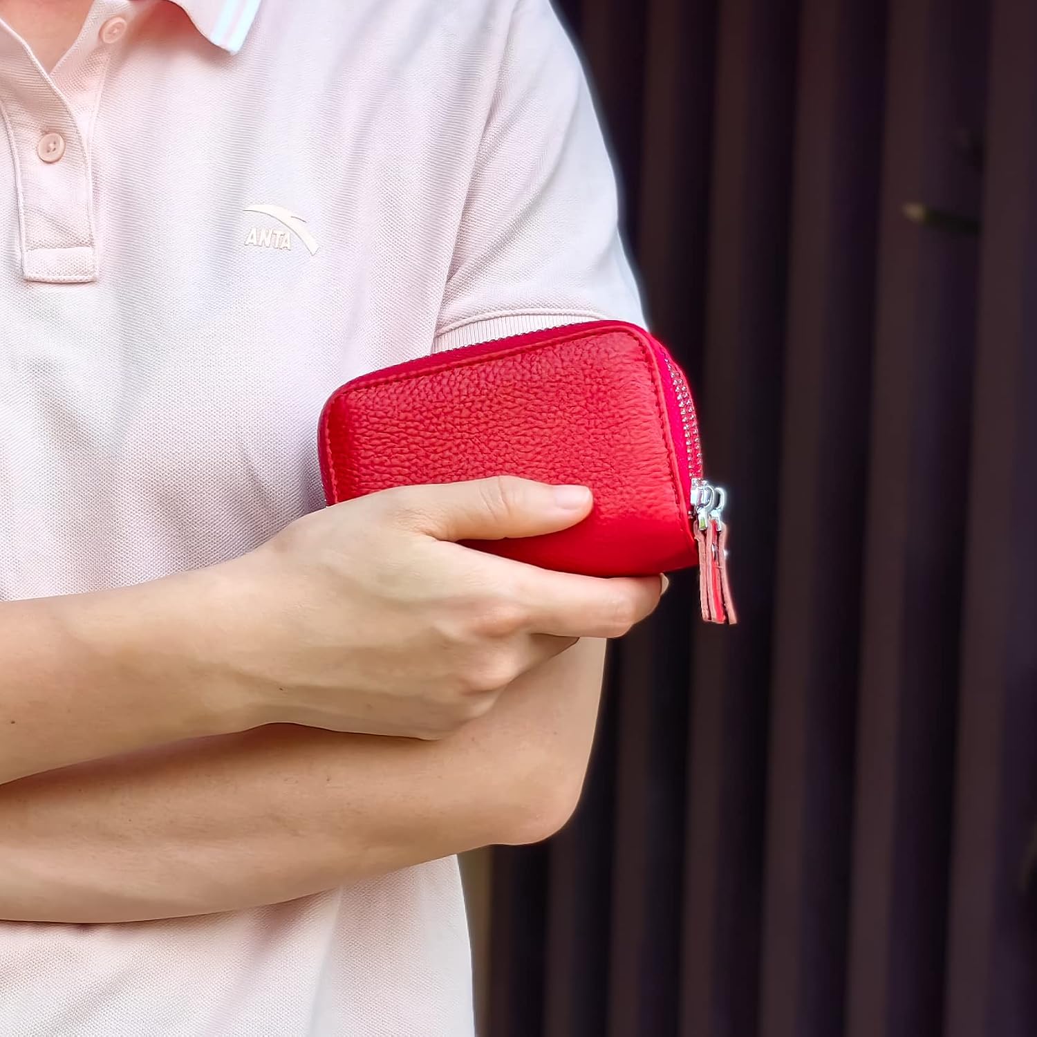 Small Soft Leather Credit Card Organizer For Women, RFID Blocking Card Holder Wallet with Zipper Pocket C-B-B2 (Pink)