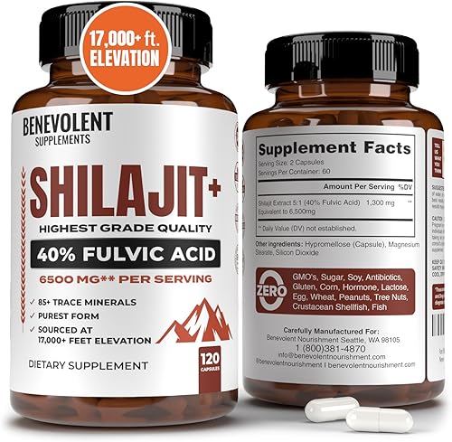 Suplemento Shilajit de 6,500 mg con 40% de ácido fúlvico (alta absorción) | Suplemento mineral Shilajit con más de 85 minerales traza para energía,