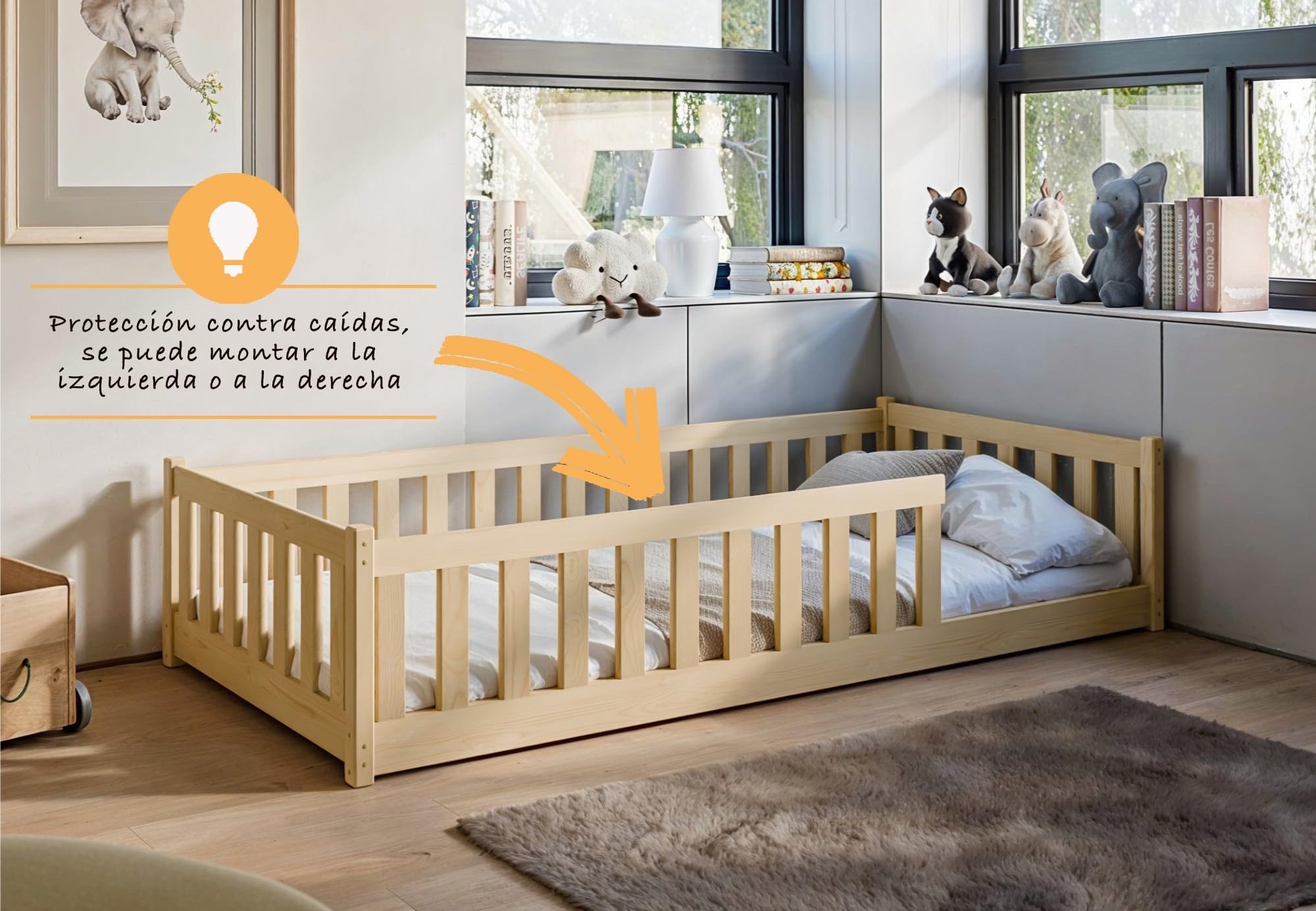 Kids Collective Cama Infantil de Suelo de 90x190 cm con protección anticaídas y somier, Cama Montessori, Cuna Infantil, Cama Juvenil, Cama Individual | Natural