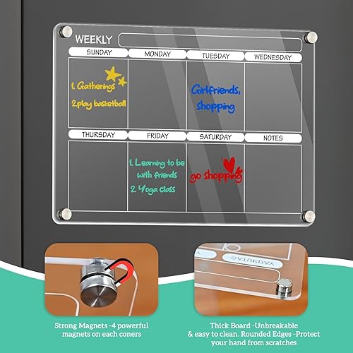 Miniatura 4 de Calendario acrílico magnético para refrigerador, 1 unidad de 16 x 12 pulgadas, semanal reutilizable, pizarra de borrado en seco, calendario