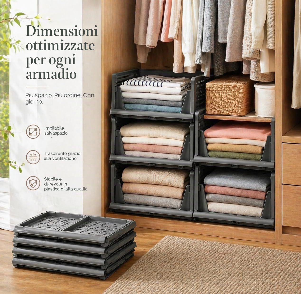 RMAN® 8 set Organizer Armadio Impilabili Cassettiera Armadio Interna Rigido Scatole Portaoggetti Plastica Contenitori per Armadio Salvaspazio per Interno, T-shirt, Pantaloni, Cravatte, Grigio