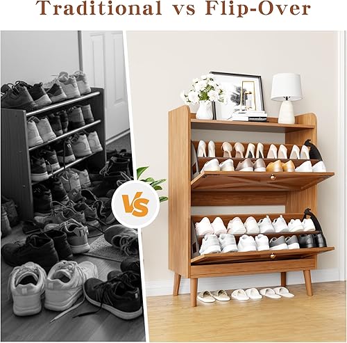 Miniatura 8 de Armario de almacenamiento de zapatos con 2 cajones abatibles, organizador de zapatos independiente con ganchos laterales, armario estrecho para