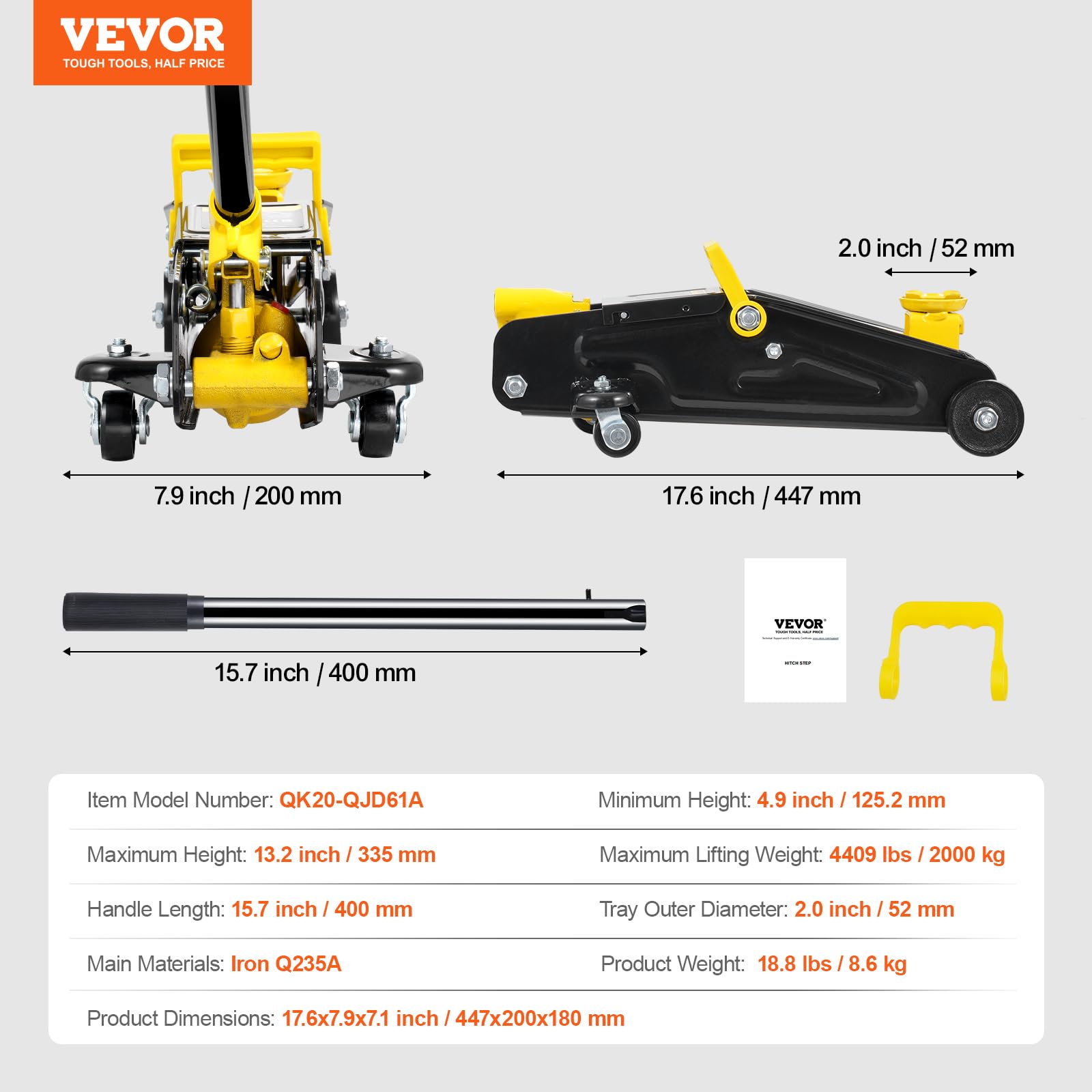 VEVOR Cric Rouleur 2 tonnes, Cric de Plancher Hydraulique à Profil Bas, Hauteur de Levage 125,2-335 mm, Pompe de Levage Rapide à Piston Unique, pour Lever Camion SUV Entretien Automobile Atelier