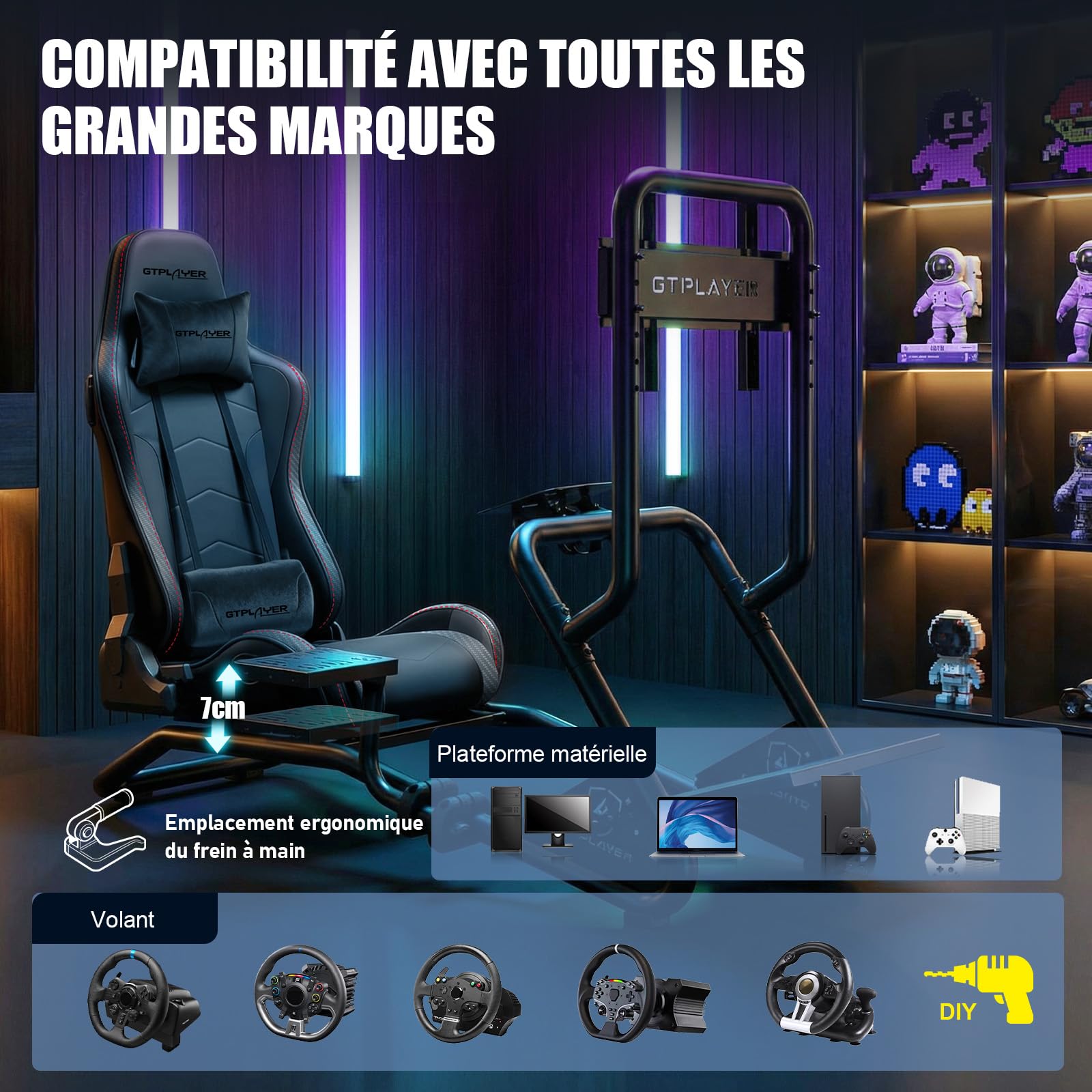 GTPLAYER Simulateur de Conduite, Siège de Simulation avec haut-parleurs stéréo 3D, Support pour écran, Support de volant réglable, Support pour levier de vitesse et pédales, Noir