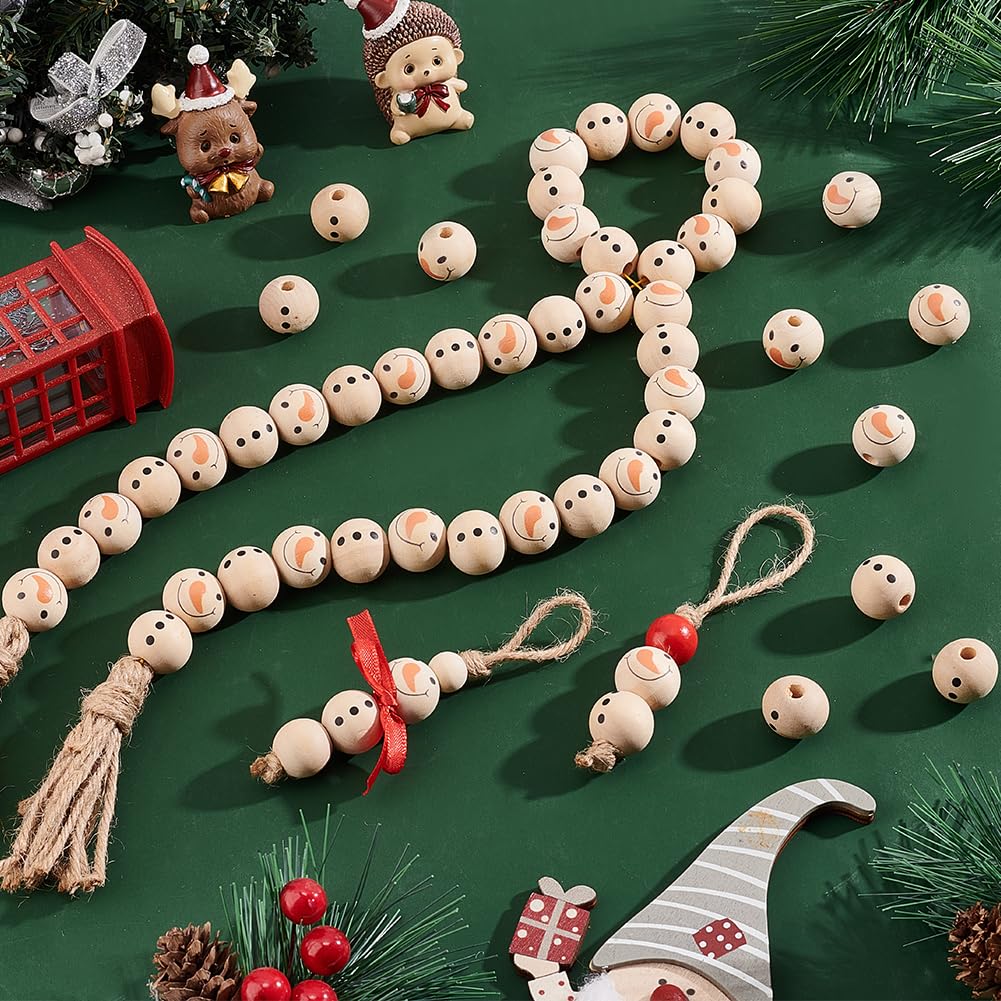 PH PandaHall 70pz Perline di Legno con Faccine Perline di Pupazzo di Neve, 20 mm Perlines di Legno Naturale Rustico Fattoria per Ghirlanda di Macramè Albero di Natale Appeso, 4mm Foro