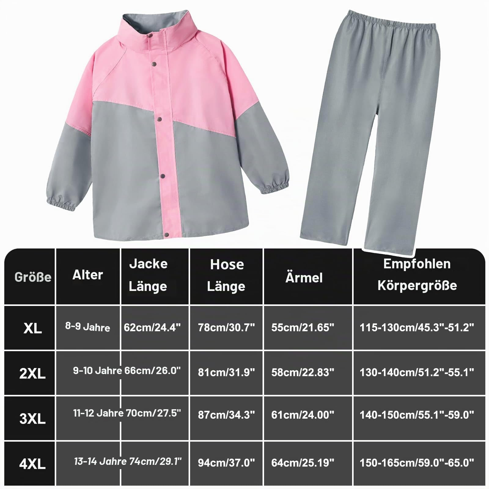 JinBei Kinder Regenanzug Mädchen Jungen Regenkleidung Leicht Zweiteiliger Anzug Unisex Wasserdicht Winddicht Regenjacke und Regenhose Transparenter Krempe Regenset mit Reflektor 8-14 Jahre
