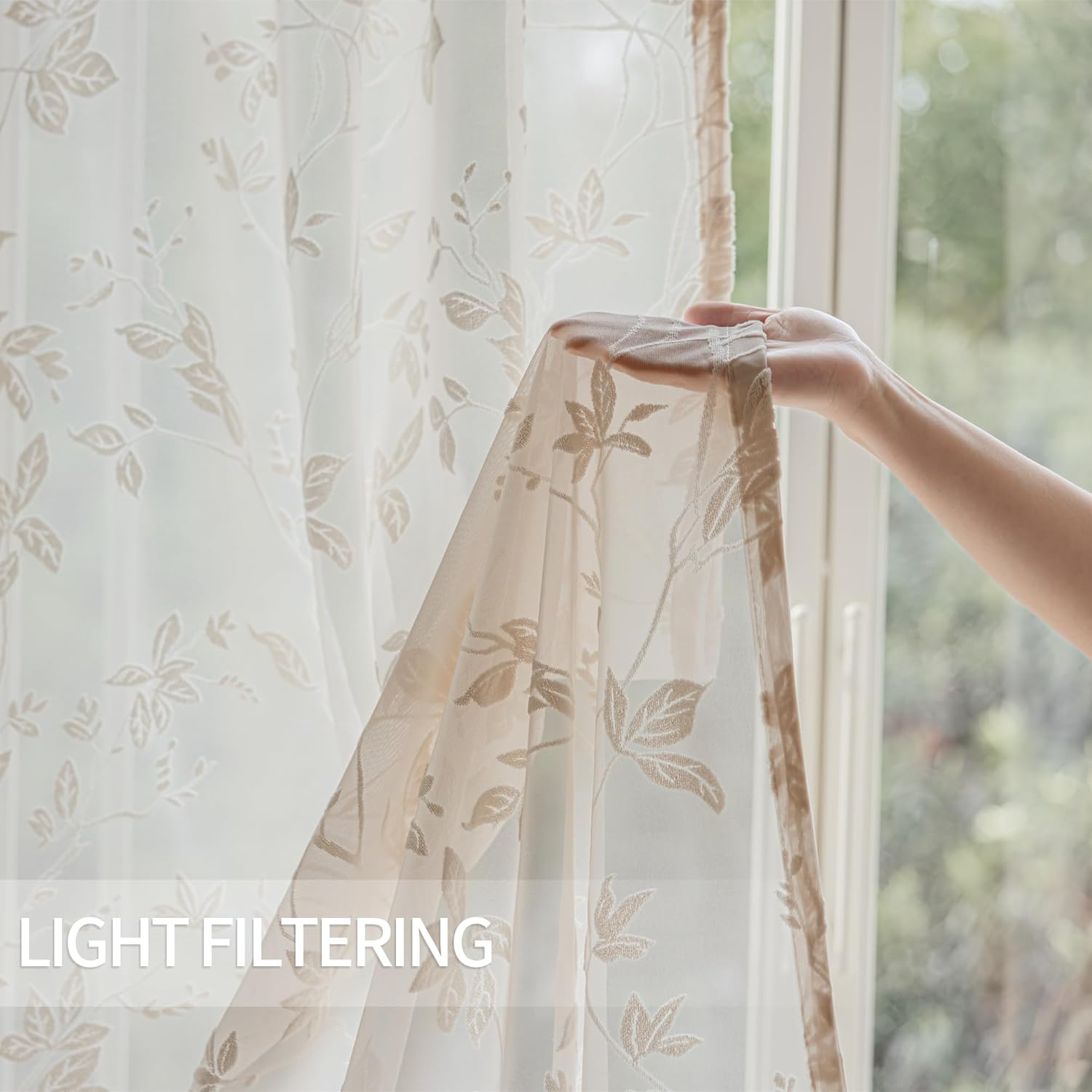 Vintage Sheer Curtains 96 Inches Long - Floral Jacquard Lace Sheer Curtain Light Filtering Decorative Curtains Drapes for Living Room Bedroom 2 Panels Set 54 X 96, Beige