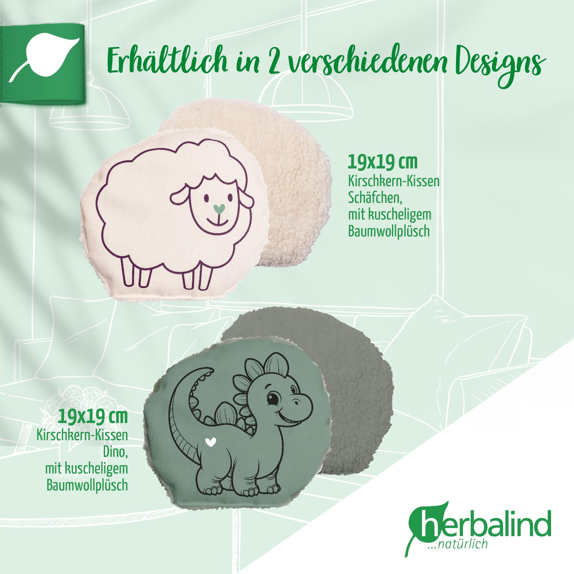HERBALIND Kinderset 2x Kirschkernkissen für Kinder und Babys Dino & Schaf - 100% Baumwolle Plüsch Wärmekissen, wärmende Kissen 19x19 cm als Wärmflasche mit Kirschkernen