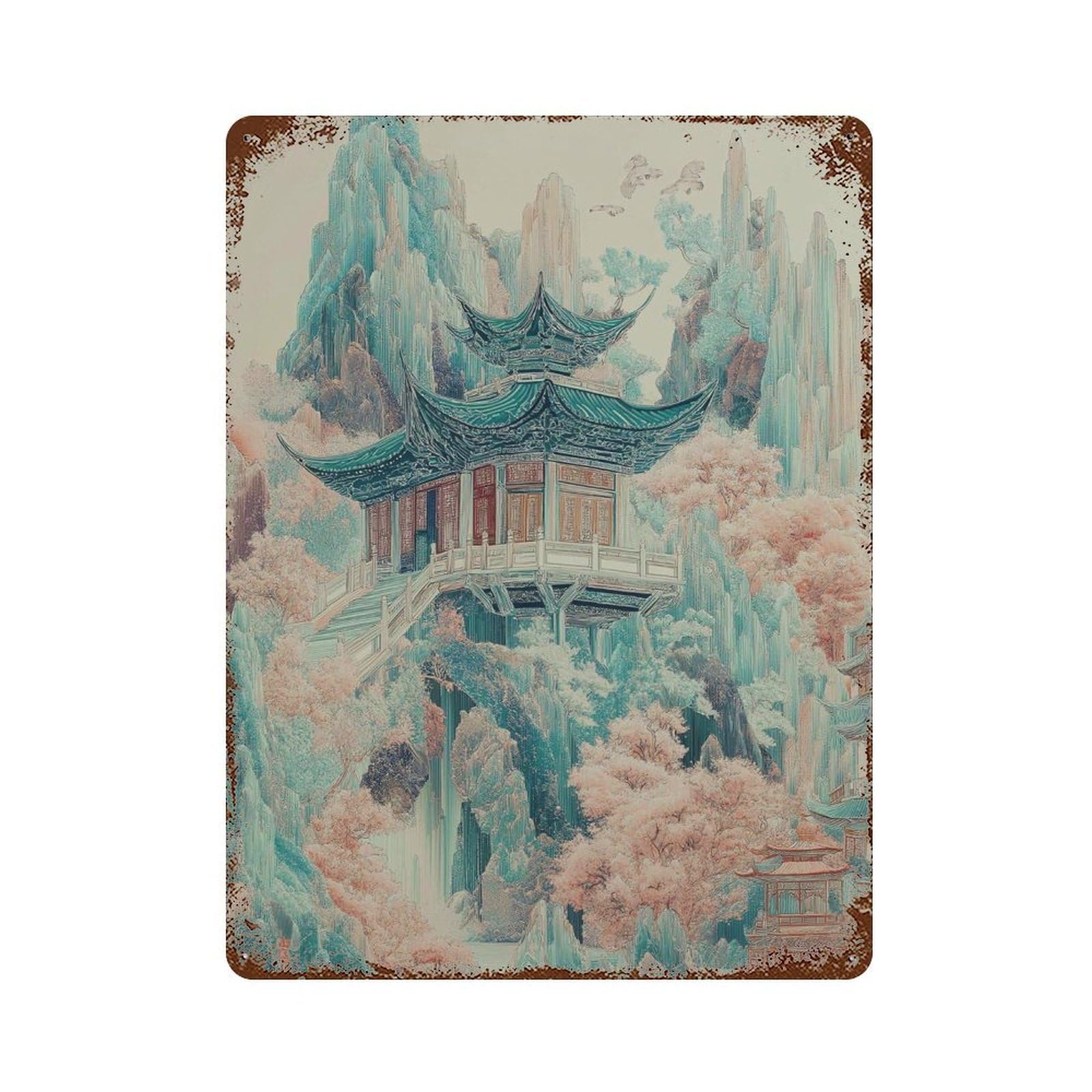 xiaoxiaoshen Oriental Pagoda Tranquil Mountain Temple Japanese Landscape in Teal And Blush To Wall Decor Art Metal Tin Poster Modern Home Decor Art Home Bar Shop Decorations Vintage Sign 40x30cm