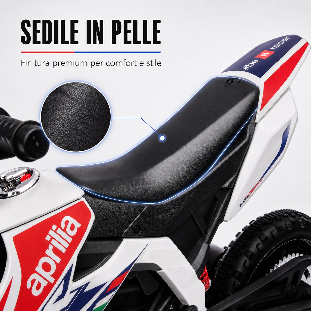 TOYSCAR Moto Elettrica Bambini Aprilia RX Mini Moto Cross SEDILI IN PELLE 3 Ruote Moto Bambini Motore Elettrico 12V Moto Per Bambini 1-4 Anni Luci Led BLUETOOTH Sospensioni A Molla