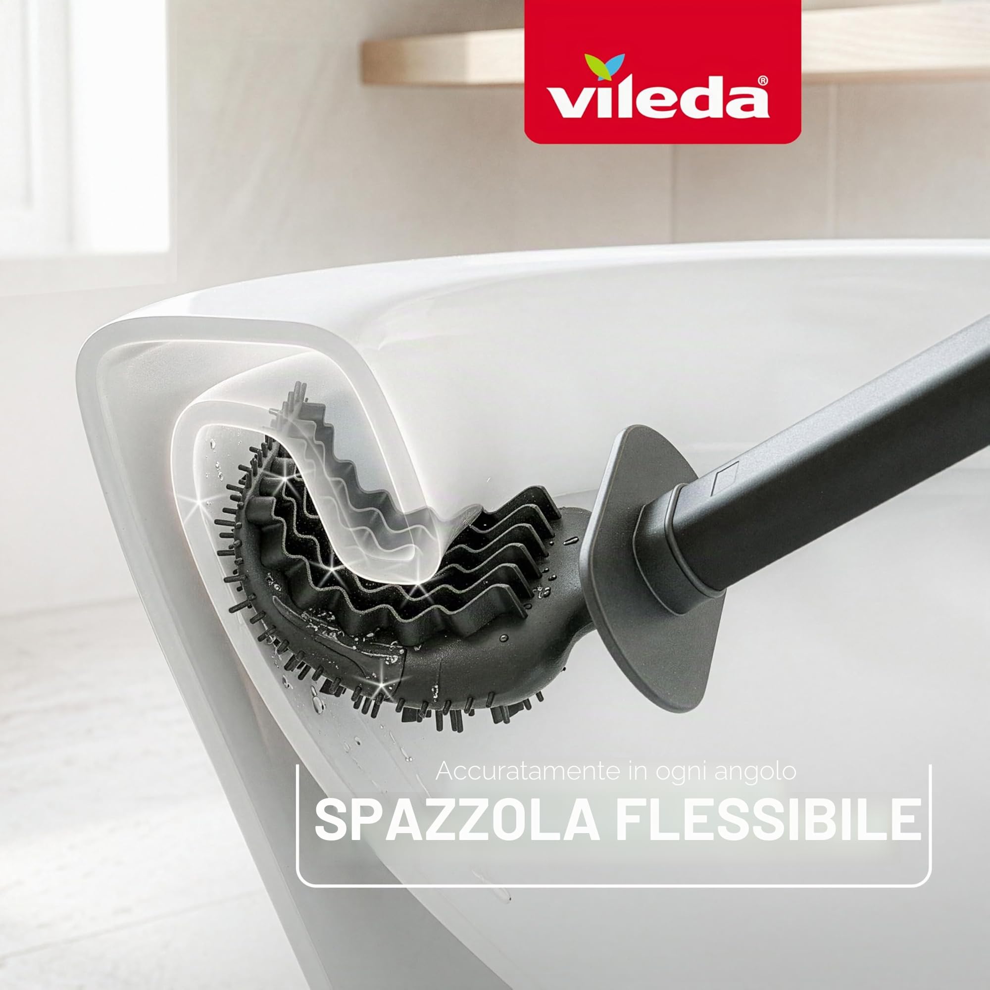 Vileda Scopino WC in Silicone con Supporto da Parete – Spazzola Bagno con Testa Flessibile e Manico in Acciaio Inox – 2 Zone di Pulizia, Asciugatura Rapida, Igienico, Grigio