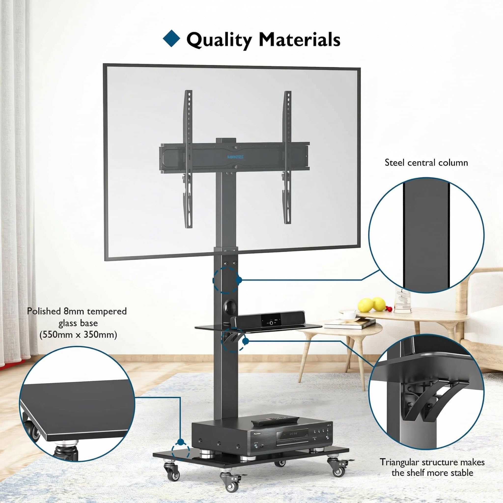 BONTEC TV Ständer Rollbar für 30-70 Zoll Plasma/LCD/LED TV bis 40 kg, Fernsehständer mit Rollen, 6 Höhenstufen und 2 Ablagen aus Gehärtetem Glas, Max. VESA 600x400 mm
